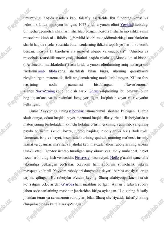 . 2001 - 2004-yillarda nabi jaloliddin umar xayyom hayotiga bagʻishlangan roman yozdi. bu ajoyib roman xayyom ruhiyatining barcha qirralarini toʻla namoyon etgan. umar xayyom ko’proq tabiiy – aniq fanlar sohasida faoliyat ko’rsatadi. tadqiqotlar ko’rsatishi boyicha, uning ilmiy asarlari xoshiyalariga bitilgan ruboyilarda teran falsafiy, axloqiy ma’no bor. olim ruboiylarida tez-tez ishlatiladigan “may” so’zini to’g’ridan-to’g’ri emas, ijtimoiy mazmun kasb etgan atama sifatida qabul qilmoq kerak. umar xayyom inson har daqiqani baxtli o’tkazsin, xamma narsadan bahramand bo’lsin, yashashdan maqsad shudir, deb ta’kidlaydi, bu bilan gedonizmga yaqinlashib boradi. lekin shuni ta’kidlab o’tish kerakki, umar xayyom hayotdan shodlanishga chaqirsada, kishilarda insoniy burch bo’lishi kerak, insoniyat jamiyatga shaxsiy baxt jamoa baxtiga bog’liqdir, deb hisoblaydi. shunday qilib, umar xayyomning axloqiy qarashlari asosan insonparvarlik, ozodlikni sevish va adolat g’oyalari bilan sug’orilgan. o’rta asrda insoniylikni madh etish, tarbiyaning muhim ahamiyati inson hayotining ma’nosi kabi normalari imom g’azzoliy, sa’diy sheroziy, ahmad yassaviy, alisher navoiylar ijodida yanada rivojlantirildi. uning kalendar islohoti …