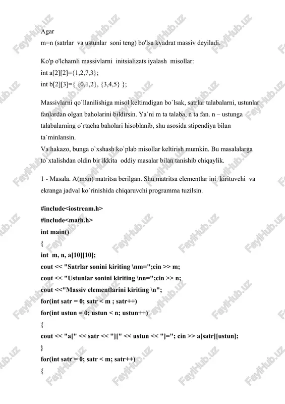 [1..60] of integer; { m2 massivining yozilishi} m3: array[1..4] of klass; mas:array[1..4] of integer; massivning baza tipi xar qanday tip bulishi mumkinligi sababli, u boshqa massiv xam bulishi mumkin. natijada, kup ulchamli massiv xosil buladi. masalan. type vector = array[1..4] of integer; massiv = array[1..4] of vector; var matr : massiv; xuddi shu strukturani boshqa turdagi yozuvni kullash natijasida xam xosil kilish mumkin: var matr : array[1..4,1..4] of integer; shu xildagi yozilishdagi massivlarda bitta indeks katnashsa, bu massiv bir ulchovli, ikkita indeks bulsa, ikki ulchovli, n indeks bulsa, n ulchovli massivlar deyiladi. bir ulchovli massivlar vektorlarini ikki ulchovli massivlar matritsalarini ifodalashda ishlatiladi. misol. var vectorz: array[1..40] of real; { 40 elementdan tashkil topgan 1 ulchovli massiv } matru : array[1..8,1..8] of byte; { 8x8 elementdan tashkil topgan 2 ulchovli massiv } trilf : array[1..4,1..5,1..8] of integer; { uch ulchovli massiv } massivlar bilan ishlashda konstantalar xam ishlatilishi mumkin. const g1 …