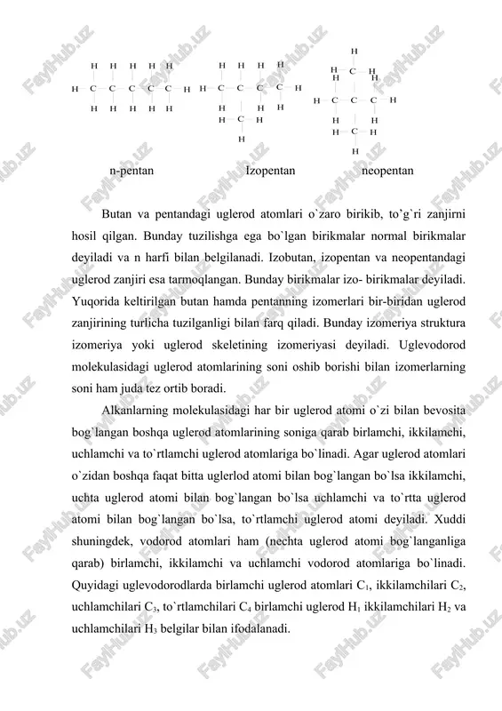 nomenklaturaga asosan barcha to`yingan uglevodorodlar metanning hosilalari, ya`ni metan moleklasidagi bir yoki bir necha vodorod atomlarining uglevodorod radikallariga almashinishidan hosil bo`lgan moddalar deb qaraladi. uglevodorodni nomlash uchun markaziy atom bilan bevosita bog`langan barcha uglevodorod radikallarining nomi oddiydan murakkabga qarab, oxiriga «metan» so`zi qo`shib aytiladi. agar bir necha xil uglevodorod radikallari bo`lsa, ularning nomlaridan oldin tegishli grek sonlari: di(ikki), tri(uch), tetra(to`rt) qo`yiladi. masalan: ba`zi bir murakkab hollarda esa etan asos qilib olinadi va uning uglerod atomlari ( va ( grek harflari bilan belgilanadi: (, (, (,( -tetrametil-(, ( dietil etan organik birikmalarning racional nomenklaturasi modda molekulalarining tuzilishini aks ettiradi va nisbatan oddiyligi uchun juda qulaydir. lekin murakkab birikmalarni, jumladan, juda tarmoqlangan strukturaga ega bo`lgan moddalarni bu nomenklaturaga asosan nomlab bo`lmaydi. chunki murakkab radikallarning umumiy qabul qilingan nomi mavjud emas. shuning uchun ham 1892 yilda jenevada halqaro ximiklar kongressida yangi nomenklatura qabul qilindi. jeneva nomenklaturasiga asosan barcha to`yinmagan uglevodorodlarning nomlari - an …