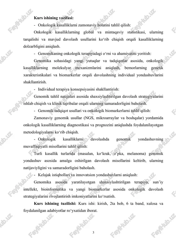 gs, mikroarraylar va boshqalar) yordamida onkologik kasalliklarning diagnostikasi va prognozini aniqlashda foydalanilayotgan metodologiyalarni ko‘rib chiqish. · onkologik kasalliklarni davolashda genomik yondashuvning muvaffaqiyatli misollarini tahlil qilish: turli kasallik turlarida (masalan, ko‘krak, o‘pka, melanoma) genomik yondashuv asosida amalga oshirilgan davolash misollarini keltirib, ularning natijaviyligini va samaradorligini baholash. · kelajak istiqbollari va innovatsion yondashuvlarni aniqlash: genomika asosida yaratilayotgan shaxsiylashtirilgan terapiya, sun’iy intellekt, bioinformatika va yangi biomarkerlar asosida onkologik davolash strategiyalarini rivojlantirish imkoniyatlarini ko‘rsatish. kurs ishining tuzilishi: kurs ishi: kirish, 2ta bob, 6 ta band, xulosa va foydalanilgan adabiyotlar ro‘yxatidan iborat. i bob. onkologik kasalliklarning zamonaviy ko‘rinishi va genomikaning ahamiyati 1.1. onkologik kasalliklarning zamonaviy holati va genomikaning ahamiyati onkologik kasalliklar bugungi kunda dunyo bo‘ylab eng ko‘p uchraydigan va o‘lim ko‘rsatkichlari yuqori bo‘lgan kasalliklar sirasiga kiradi. jahon sog‘liqni saqlash tashkiloti (jsst) ma’lumotlariga ko‘ra, har yili millionlab odamlar saraton kasalligiga chalinadi va ushbu kasallik global sog‘liqni saqlash tizimlari oldida dolzarb muammolarni keltirib chiqarmoqda. saraton kasalliklari nafaqat …