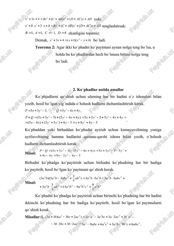 darajasi pasayib, b ning darajasi oshib borayotganini ko`ramiz. 2. xuddi shu usul bilan uchun ikki had yig`indisini darajaga ko`tarish formulasini hosil qilish mumkin. bunda koeffitsientlar «paskal uchburchagi» deb ataluvchi jadvaldan olinadi. n 0 1 2 3 4 5 6 7 1 1 1 1 2 1 1 3 3 1 1 4 6 4 1 1 5 10 10 5 1 1 6 15 20 15 6 1 1 7 21 35 35 21 7 1 misol agar ni ochib chiqish lozim bo`lsa, yoyilmada 101 ta had hosil bo`ladi va bu yoyilma koeffitsientlarini paskal jadvali buyicha hisoblash qiyin bo`ladi. shu sababli ni ko`phadga yoyganda hosil bo`ladigan had oldidagi koeffitsient -dan, ya`ni n elementdan tadan qilib tuzilgan gruppalashlar sonidan iborat ekanligi isbotlangan, bu erda . misol: hisoblansin: endi umumiy holda matematik induktsiya usuli yordamida n`yuton binomi deb ataluvchi quyidagi formulani isbotlaymiz: bu erda -lar binom koeffitsientlari deyiladi va quyidagicha hisoblanadi. , …