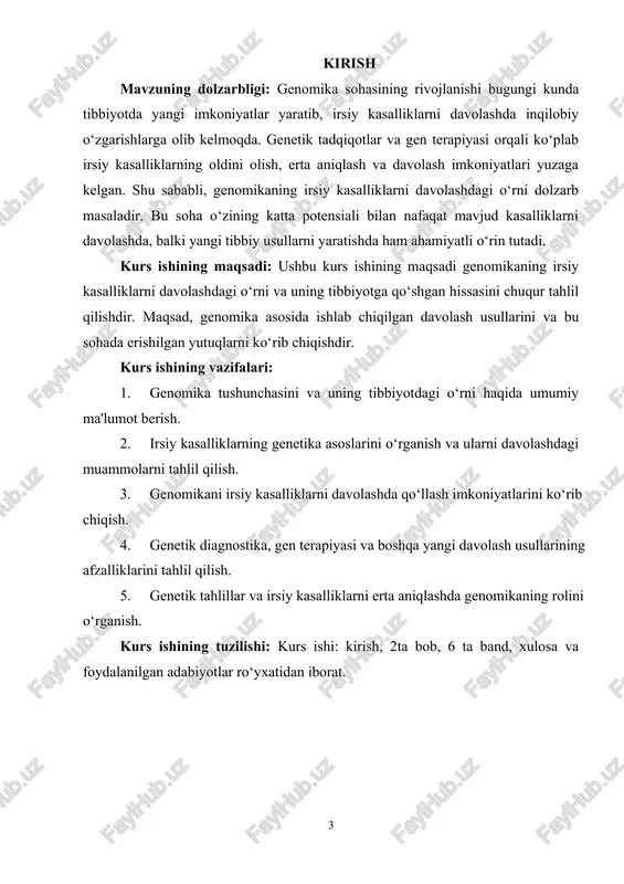 uammolarni davolashga harakat qilinadi. masalan, genetik defektlar tufayli paydo bo‘lgan kasalliklar, masalan, mukovistsidoz yoki hemofiliya kabi kasalliklar gen terapiyasi orqali davolanishi mumkin. personalizatsiyalangan tibbiyot: genomika yordamida har bir insonning individual genetik tuzilishi aniqlanishi mumkin, bu esa shaxsiylashtirilgan davolash usullarini ishlab chiqishga imkon beradi. shaxsning genetik xususiyatlariga asoslangan davolash usullari yanada samarali bo‘lishi mumkin, chunki har bir insonning organizmi alohida ishlaydi. erta diagnostika va skrining: genomika yordamida erkak va ayollarda irsiy kasalliklar va onkologik kasalliklar, masalan, ko‘krak saratoni yoki tuxumdon saratonining erta bosqichlarini aniqlash mumkin. bu esa davolash samaradorligini oshiradi va bemorlarning hayotini saqlash imkoniyatini beradi. dori vositalarining rivojlanishi: genomika dori vositalarining samaradorligini oshirishda ham katta rol o‘ynaydi. genetik tahlillar orqali turli dori vositalarining inson organizmida qanday ta'sir qilishini oldindan bilish mumkin. bu esa nojo‘ya ta'sirlarni kamaytirishga yordam beradi va dorilarni yanada aniq va samarali qiladi. genomika tibbiyotda juda muhim o‘rin tutadi, chunki bu soha nafaqat irsiy kasalliklarni aniqlashda, balki davolashda, …