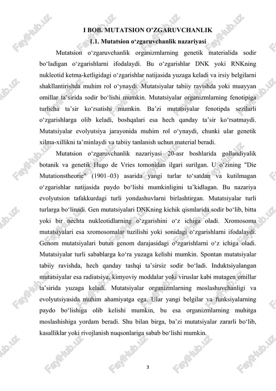 ishi mumkinligini ta’kidlagan. bu nazariya evolyutsion tafakkurdagi turli yondashuvlarni birlashtirgan. mutatsiyalar turli turlarga bo‘linadi. gen mutatsiyalari dnkning kichik qismlarida sodir bo‘lib, bitta yoki bir nechta nukleotidlarning o‘zgarishini o‘z ichiga oladi. xromosoma mutatsiyalari esa xromosomalar tuzilishi yoki sonidagi o‘zgarishlarni ifodalaydi. genom mutatsiyalari butun genom darajasidagi o‘zgarishlarni o‘z ichiga oladi. mutatsiyalar turli sabablarga ko‘ra yuzaga kelishi mumkin. spontan mutatsiyalar tabiiy ravishda, hech qanday tashqi ta’sirsiz sodir bo‘ladi. induktsiyalangan mutatsiyalar esa radiatsiya, kimyoviy moddalar yoki viruslar kabi mutagen omillar ta’sirida yuzaga keladi. mutatsiyalar organizmlarning moslashuvchanligi va evolyutsiyasida muhim ahamiyatga ega. ular yangi belgilar va funksiyalarning paydo bo‘lishiga olib kelishi mumkin, bu esa organizmlarning muhitga moslashishiga yordam beradi. shu bilan birga, ba’zi mutatsiyalar zararli bo‘lib, kasalliklar yoki rivojlanish nuqsonlariga sabab bo‘lishi mumkin. 4 mutatsion o‘zgaruvchanlikni o‘rganish genetikani tushunishda, irsiy kasalliklarni aniqlash va davolashda, shuningdek, qishloq xo‘jaligi va biotexnologiya sohalarida muhim ahamiyatga ega. masalan, seleksiya jarayonida foydali mutatsiyalardan foydalanish orqali yangi navlar yoki zotlar yaratish …