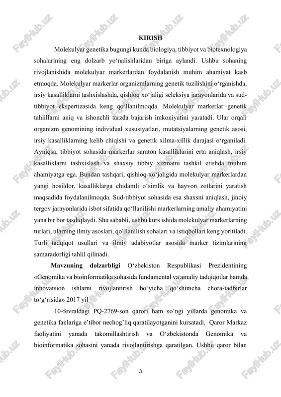 bioturli-tumanlik monitoringi. atrof-muhit monitoringida molekulyar markerlarning ahamiyati ekologik tadqiqotlarda molekulyar markerlardan foydalanish bioturli-tumanlikni aniqlash, atrof-muhit ifloslanishining biologik ta’sirini baholash va noyob populyatsiyalarni muhofaza qilish uchun keng qo‘llanilmoqda.ekotizim barqarorligini baholash. molekulyar markerlar yordamida turli ekotizimlardagi organizmlar populyatsiyasining genetik xilma-xilligi o‘rganiladi. genetik xilma-xillik darajasi atrof-muhit o‘zgarishlariga chidamlilik haqida ma’lumot beradi. populyatsiyalar ichidagi genetik xilma-xillik monitoringi orqali muayyan tur yo‘qolib ketish xavfi ostida ekanligini aniqlash mumkin. ifloslanish va toksik moddalar ta’sirini tahlil qilish molekulyar markerlar sanoat chiqindilari, pestitsidlar va boshqa kimyoviy ifloslantiruvchilarning organizmlar genetik materialiga ta’sirini o‘rganishda qo‘llaniladi. masalan, mikrosatellit markerlar va snp-lar orqali ifloslanish tufayli genetik o‘zgarishlar yuzaga kelganini aniqlash mumkin. mutagen moddalarning organizm dnk strukturasiga ta’siri molekulyar markerlar orqali kuzatiladi. inson faoliyati ta’sirini o‘rganish molekulyar markerlar yordamida antropogen omillar (yo‘llar qurilishi, qishloq xo‘jaligi kengayishi, urbanizatsiya) ekotizimga qanday ta’sir qilayotgani aniqlanadi. daryo va dengiz muhitida yashovchi organizmlarning genetik monitoringi orqali suvning ifloslanish darajasi baholanadi. yovvoyi tabiatdagi organizmlarning genetik tarkibi o‘zgarishlarga uchrayotganini aniqlash …