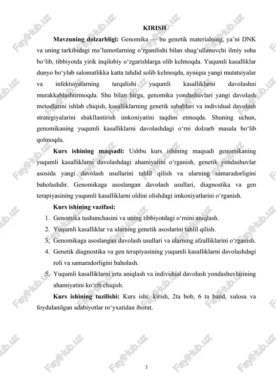 miz: genetik kasalliklarni aniqlash: genomika yordamida irsiy kasalliklarning sabablari aniqlanishi mumkin. genetik tahlillar orqali kasalliklar, ularning paydo bo‘lish sabablari va kasallikni yuqtirish xavfi erta aniqlanadi. bu esa o‘z vaqtida davolanish va profilaktik tadbirlarni amalga oshirish imkonini beradi. gen terapiyasi: gen terapiyasi genomikaning tibbiyotdagi eng muhim yutuqlaridan biridir. bu usulda, genetik materialni o‘zgartirish orqali organizmdagi muammolarni davolashga harakat qilinadi. masalan, genetik defektlar tufayli paydo bo‘lgan kasalliklar, masalan, mukovistsidoz yoki hemofiliya kabi kasalliklar gen terapiyasi orqali davolanishi mumkin. personalizatsiyalangan tibbiyot: genomika yordamida har bir insonning individual genetik tuzilishi aniqlanishi mumkin, bu esa shaxsiylashtirilgan davolash usullarini ishlab chiqishga imkon beradi. shaxsning genetik xususiyatlariga asoslangan davolash usullari yanada samarali bo‘lishi mumkin, chunki har bir insonning organizmi alohida ishlaydi. erta diagnostika va skrining: genomika yordamida erkak va ayollarda irsiy kasalliklar va onkologik kasalliklar, masalan, ko‘krak saratoni yoki tuxumdon saratonining erta bosqichlarini aniqlash mumkin. bu esa davolash samaradorligini oshiradi va bemorlarning hayotini saqlash imkoniyatini beradi. dori …
