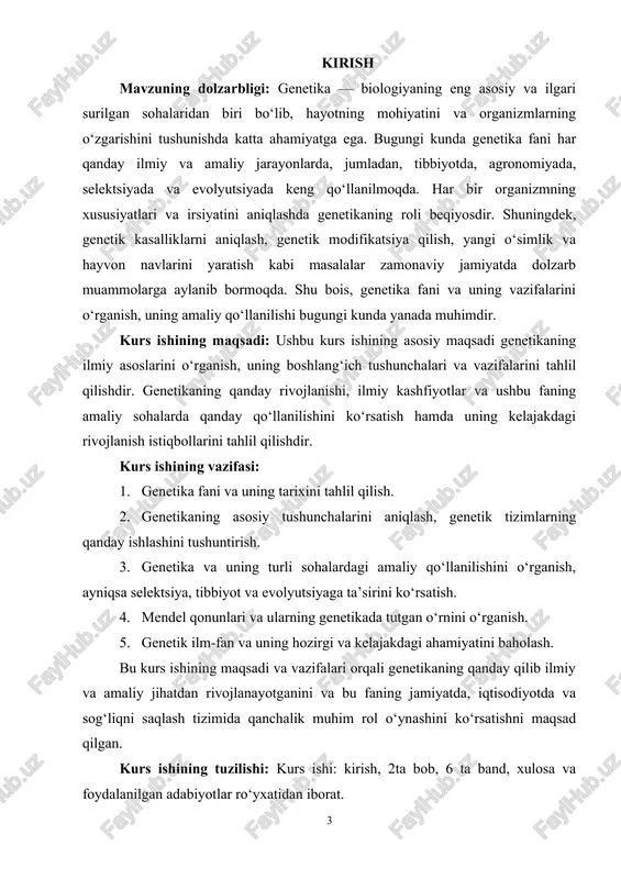 hunchalar ilmiy dalillar va eksperimentlar asosida emas, balki e'tiqod va farazlar asosida bo‘lgan. gregor mendel va klassik genetikaning asoslari. genetika fani zamonaviy ilmiy shaklga birinchi marta gregor mendel (1822–1884) tomonidan kiritilgan. mendel o‘simliklar ustida olib borgan tajribalari natijasida, irsiyat qonuniyatlarini aniqladi. u ikkita asosiy qonun ishlab chiqdi: birlashtirish qonuni (dominantlik qonuni): bu qonun asosida, har bir organizmda ikkita allel mavjud bo‘lib, bir allel dominant va ikkinchisi resessiv bo‘ladi. dominant allel resessiv allelni yashiradi va faqat dominant allelning xususiyatlari ko‘rsatiladi. ajralish qonuni: bu qonunga ko‘ra, gibridlashgan organizmlar avlodlarida allellar tasodifiy tarzda ajralib, irsiyat orqali o‘tadi. mendelning bu kashfiyotlari ilmiy jamoatchilikda uzoq vaqt e’tirof etilmagan, lekin 20-asr boshlarida uning ishlari qayta kashf etildi va genetikaning asoslari sifatida tan olindi. xx asrda genetikaning rivojlanishi. xx asrda, ayniqsa, 1900-yillarning boshlarida, genetika fani yangi ilmiy kashfiyotlar bilan boyidi. 1902-yilda walter sutton va theodor boveri xromosomalar orqali irsiyatning o‘tishi haqida nazariyani ilgari surdilar. ular xromosomalar - …