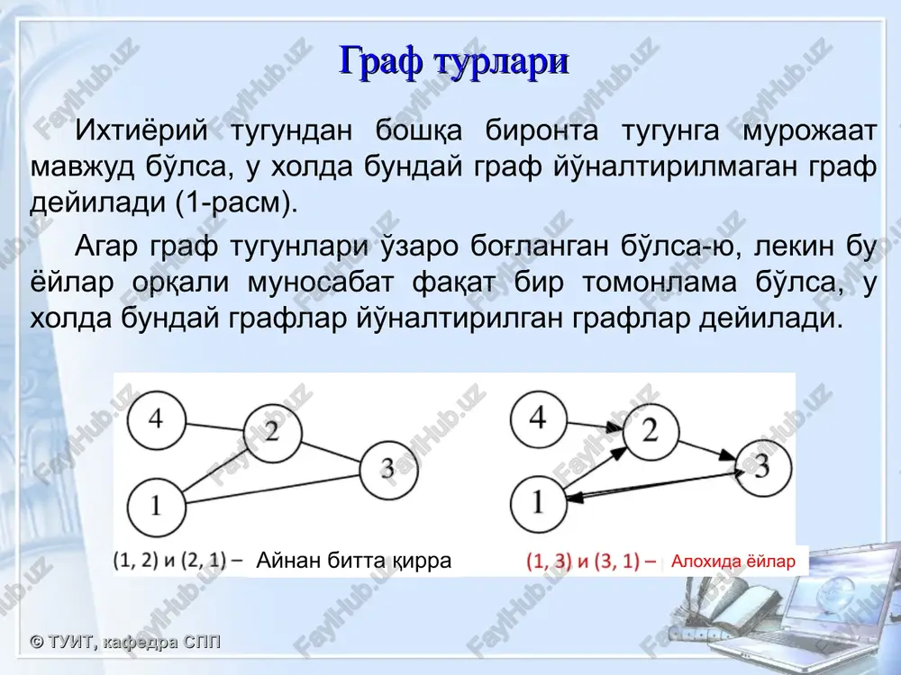 aydigan masofani aniqlash algoritmi © tuit, kafedra spp deykstra algoritmi vaznga ega graflarda a punktdan b punktgacha bo'lgan eng qisqa masofani aniqlash algoritmini ko'rib chiqamiz. © tuit, kafedra spp deykstra algoritmi g = (v, e) graf berilgan bo'lsin. undagi barcha yoylar manfiy bo'lmagan vaznga ega. (barcha (u, v)ϵe tugunlar uchun (u, v) ≥ 0 ). a tugundan boshlab grafdagi boshqa tugunlargacha bo'lgan qisqa masofalarni aniqlash talab etiladi. deykstra algoritmida a tugundan boshlab yoylar orqali xar bir tugungacha bo'lgan vaznlar yig'indisi xisoblanadi va kam vaznga ega bo'lgan qiymatlar qisqa yo'l sifatida tugunda belgilab boriladi.algoritm barcha tugunlar ko'rib chiqilganda to'xtatiladi. © tuit, kafedra spp deykstra algoritmi-initsializatsiya dastlab a tugundan boshqa tugunlargacha bo'lgan masofa vaznlarini cheksiz ∞ deb tugunda belgilab olamiz, ya'ni metka qo'yib chiqamiz. bu xali a tugundan ko'rilayotgan tugungacha bo'lgan qisqa masofa aniqlanmaganligini bildiradi. a tugun metkasini 0 deb belgilaymiz. barcha tugunlar xali tashrif buyurilmagan deb olinadi. © tuit, kafedra spp …