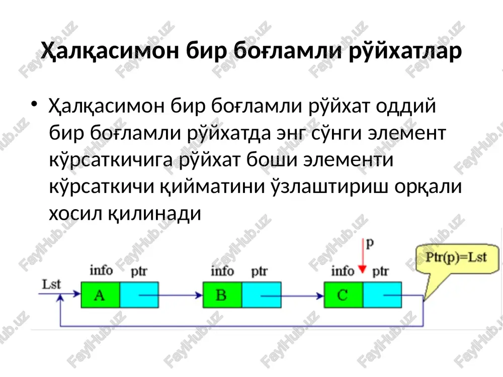 da joriy r element o'chiriladi. void delete(node *p){ node *prev=p->prev; prev->next=p->next; node * next=p->next; next->prev=prev; delete(p); } xalqasimon ikki bog'lamli ro'yxat elementlarini ekranga chikarish algoritmi va dasturi void printlist(node* list) { node *p=list; node *firstitem=list; //cheksiz tsiklga tushib qolmaslik uchun 1-elementni saqlab olamiz while(p) { cout data next; if(p==firstitem) break; }; } 4-mavzu bo'yicha savollar bir bog'lamli va ikki bog'lamli xalqasimon ro'yxatlar haqida tushuncha. ularni mantiqiy tasvirlash va ustida amallar bajarish algoritmlari image1.png image2.png image3.png image4.png image5.png image6.png image7.png image8.png image9.png info ptr info ptr wot ptr ptr(p)=lst tnasnaa —bcraska = pastevka crpanimusi = cosine pacceunaun ‘ona mapysa [pexum orpannuennoit byhkymohanbhocth] peuensuposanne tail tail node *temp=new node; b head. hea a tail _ id 1 h 1 2 a 3-paem. i byhuht y4yh ahth 2jiemehthh 30h temp — wi! led “i~ oe ina ona mapysa [pexum orpahhuehholi >yhkyhohanbhocth] mec] [| oes [a os cr or ce cro crore cro co …