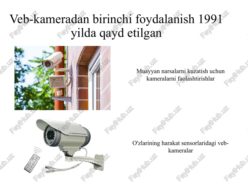 n kameralar quyidagilarga qodir: xonaning yoki tashqi makonning tasvirini efirga uzatish va uzatish; harakatlanuvchi tanlangan ob'ektga hamrohlik qiling zulmatda ishlash uchun ular qo'shimcha ravishda infraqizil ledlar bilan jihozlangan image1.jpeg image2.jpeg image3.jpeg image4.jpeg image5.jpeg image6.jpeg image7.jpeg image8.jpeg image9.jpeg image10.jpeg image11.jpeg image12.png image13.jpeg image14.jpeg image15.png image16.jpeg image17.jpeg image18.jpeg image19.jpeg