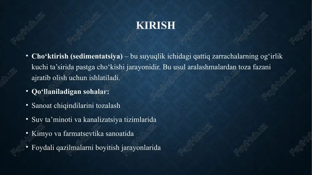 va tahlil imkoniyati inson xatosi kamayadi qo‘llanilishi: zamonaviy suv tozalash inshootlari farmatsevtika, oziq-ovqat sanoati zamonaviy cho‘ktirish apparatlari kompakt integratsiyalangan tizimlar bu apparatlar bir necha bosqichni birlashtirgan: cho‘ktirish, filtrlash, biofaol tozalash. ular ixcham va energiya tejamkor bo‘lib, kichik maydonlarda samarali ishlaydi. yangi materiallar asosidagi apparatlar: polimer, kompozit yoki zanglamaydigan po‘latdan tayyorlangan bo‘lib, xizmat muddati uzoq va parvarishi oson. zamonaviy dizayn afzalliklari: kam joy egallaydi tez montaj qilinadi energiya va suv sarfini kamaytiradi cho‘ktirish apparatlari qo‘llaniladigan sohalar asosiy sohalar: suv va oqova suvni tozalash sanoat va maishiy oqava suvlar tarkibidan zarrachalarni ajratish uchun qo‘llaniladi. kon sanoati rudani boyitishdan so‘ng qolgan loy va zarrachalarni ajratish. amaliy qo‘llanilishdan misollar ichimlik suvi tozalash stansiyalarida – plastinali yoki avtomatlashtirilgan cho‘ktirgichlar ishlatiladi. neft sanoatida – gidrosiklonlar orqali suvdagi qum va loyni ajratish. kon boyitish fabrikalarida – katta hajmli oddiy yoki spiral cho‘ktirgichlar. cho‘ktirish apparatlarining dolzarbligi nega bu apparatlar muhim? atrof-muhit muhofazasi uchun sanoat jarayonlarini to‘g‘ri olib borish …