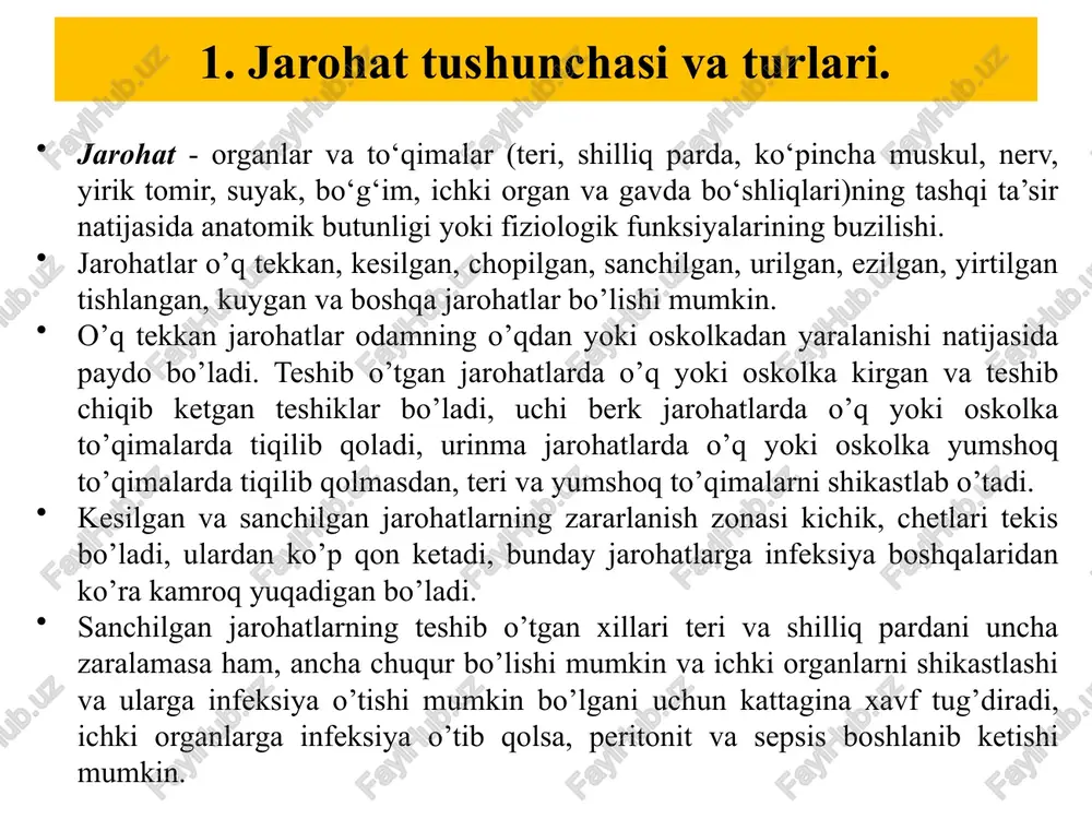 di. 5. shokka qarshi chora qo‘llaniladi. qon ketishida 1-tibbiy yordam ko‘rsatish. qon ketishida bog‘lam (jgut) qo‘yish qon ketishini to‘xtatishning samarali usulidir. quyida bog‘lam qo‘yish qoidalari keltirilgan: bog‘lam jarohatlangan joydan taxminan 5 sm yuqoriga qo‘yilishi kerak; shikastlangan qo‘l yoki oyoq bilan bog‘lam orasiga qatlam qo‘yiladi; bog‘lam sifatida bir necha bor taxlangan gazlamadan foydalanish mumkin, u qo‘l yoki oyoq atrofiga ikki marta o‘raladi. arqon yoki chilvirdan foydalanish mumkin emas, chunki ular quyida joylashgan to‘qimani zararlantirishi mumkin. bog‘lamni bir bor bog‘lab, biror narsa (ruchka, qaychi, taxtacha)ni ustiga qo‘yib, uning ustidan yana bir bor bog‘lab qo‘yiladi, so‘ng qon oqishi to‘xtamagunicha aylantiriladi. narsani ikki marta tugib mahkamlab qo‘yiladi; bog‘lamni har 15-20 daqiqada bo‘shatib turiladi. jgut qo‘yilgan vaqt va sana yozib qo‘yiladi. bog‘lam faqat bir soatgacha vaqtga qo‘yiladi. qon ketishida 1-tibbiy yordam ko‘rsatish. arterial qon ketishida arteriyani barmoq bilan bosish uslubi arterial qon ketishini to‘xtatishning bir usulidir. uni jarohatni bevosita bosish bilan birga qo‘llaniladi. bu usulga …