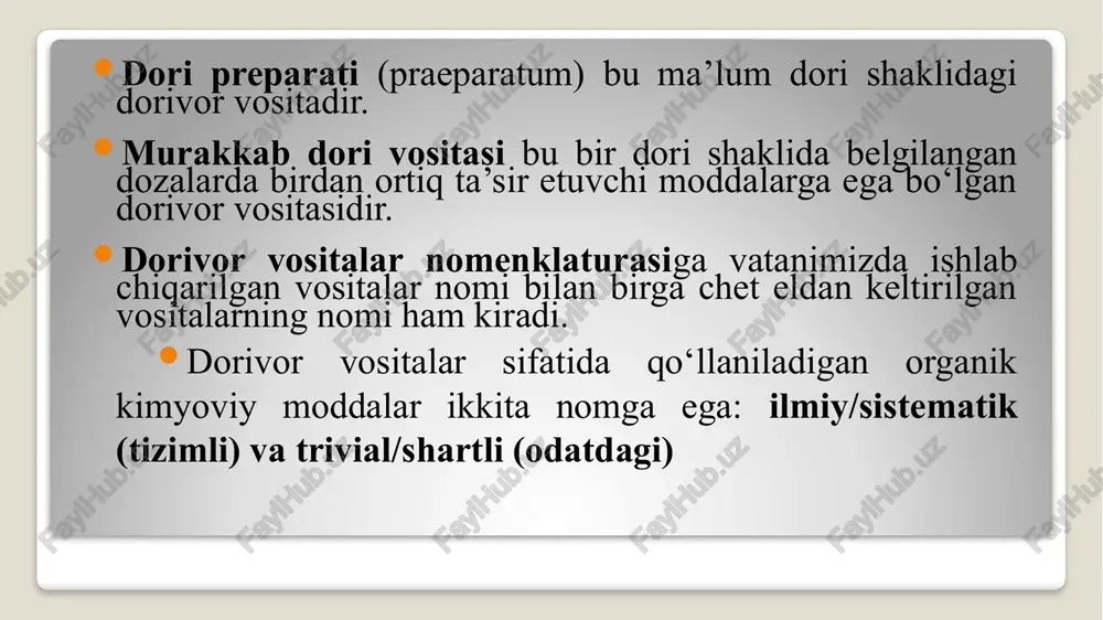 nomlanishida abbreviatura keng qo‘llaniladi. dori nomlari hamisha bosh harf bilan yoziladi, lug‘at shakli anatomik terminlar kabi bo‘ladi. misol uchun: novocainum, i, n –novokain; aspyrinum, i, n –aspirin; biceptolum, i, n –bitseptol; allacholum, i, n –allaxol. dori shakllari haqida qisqacha ma’lumot dori moddalarini chiqarish va yozish dori shakllarining mumkin qadar o‘qishga qulayligidir. dori shakllarining qattiq, suyuq, yumshoq, gazsimon bo‘lishi uning tayyorlanishiga bog‘liq. masalan: tabuletta, ae f -tabletka (tugmachasimon dori shakli) pilula, ae f -pilyula, hab dori (soqqachasimon qat-qat dori shakli) pasta, ae f -pasta (xamirsimon yumshoq dori shakli) unguentum, i n –surtma, maz (yumshoq dori shakli). tabuletta obducta – po’st bilan qoplangan tabletka ichish, sirtdan ishlatish yoki in’yeksiya qilish (tegishli erituvchida eritilgandan so‘ng) uchun mo‘ljallangan, dorivor moddalarni presslab olingan, dozalangan qattiq dori turi dori nomlari yasalishida ko‘p qo‘llanuvchi ma’noli so‘z yasovchi qismlar va ularning ma’nolari ma’no beruvchi qism ta’rif -tavsif ma’nosi misollar aeth- etil aethasolum, aethacridinum benz- benzol guruni benzonaphtholum, benzylpenicillinum …