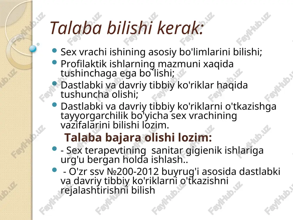 ish bo'yicha tadbirlarning bajarilishini nazorat qilish; -ishchilarda shaxsiy himoya vositalarining borligi, holati va ulardan foydalanishni nazorat qilish; -ayrim guruhdagi ishchilarni dispanser kuzatuviga olish; -agar ishchilarda kasb kasalliklariga shubha tug'ilsa, mehnat sharoitiga doir sanitar -gigienik ta'riflarni tuzish; epidemiyalarga qarshi ishlar: -sex uchastkasiga infeksiyaning kirib kelishini oldini olish bo'yicha tadbirlarni o'tkazish; -sex uchastkasida yuqumli kasalliklar ning tarqalishi bo'yicha tadbirlarni o'tkazish; -profilaktik emlashlarning o'tkazilishini nazorat qilish; -dezinfeksiyaga oid tadbirlarning o'tkazilish sifatini nazorat qilish. 4.sanitar-oqartuv ishlari: -muayyan sohadagi ishlar uchun xarakterli bo'lgan kasbiy kasalliklarning oldini olish masalalari bo'yicha suhbat yoki ma'ruzalarning matnini tayyorlash; -kasb kasalliklarini oldini olish masalalari bo'yicha ishchilar o'rtasida ma'ruzalar o'qish va suhbatlar o'tkazish; -sog'lom turmush tarzi, zararli odatlarning negativ oqibatlari haqidagi masalalar bo'yicha ishchilar o'rtasida suhbatlar va ma'ruzalar o'tkazish; -zararli mehnat sharoitlarida ishlaganda shaxsiy himoya vositalaridan foydalanishning ahamiyati haqida ishchilar bilan suhbatlar va ma'ruzalar o'tkazish; -kasbiy kasalliklar va sog'lom turmush tarzi masalalari bo'yicha sanitar-byulletenlar, plakatlar, bukletlar chiqarish. dastlabki tibbiy ko'rik o'z …