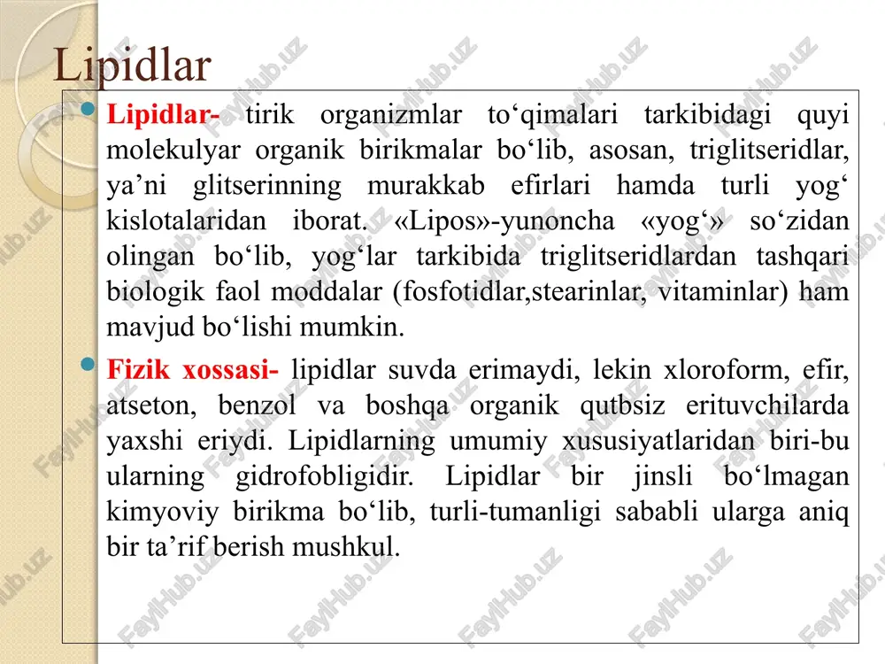 sn3 qutbli (gidrofil) qismi s-(sn2)n-sn3 ch3-(ch2)12-ch=ch- galaktotserebrozid – asab hujayralari devorlarininh tarkibiga kiradi -s–r o o o on sn2on on no seramid qismi galaktoza qismi sovunlanuvchi lipidlarning ba`zi-bir xossalari 1. gidroliz sn2o – so – s17n33 sno – so – s15n31 sn2o – so – s17n35 + n2o s17n33soon s15n31soon s17n35soon 1-oleo-2-palmito-stearin + sn2on snon sn2on yog` kislotalari glitserin sn3(sn2)14 – s – osn2(sn2)14 sn3 o + n2o s15n31soon + s16n33on palmintin kislotasi sitil spirti o o h h o h h o h h o h c h 2 o h h c h 2 c h n h c o r c h o h c h c h ( c h 2 ) 12 c h 3 seramid qoldigi galaktoserebrozid sovunlanuvchi lipidlarning ayrim xossalari va ularning tuzilish qismlari c h 3 ( c h 2 ) 7 c h c h ( c h 2 ) 7 …