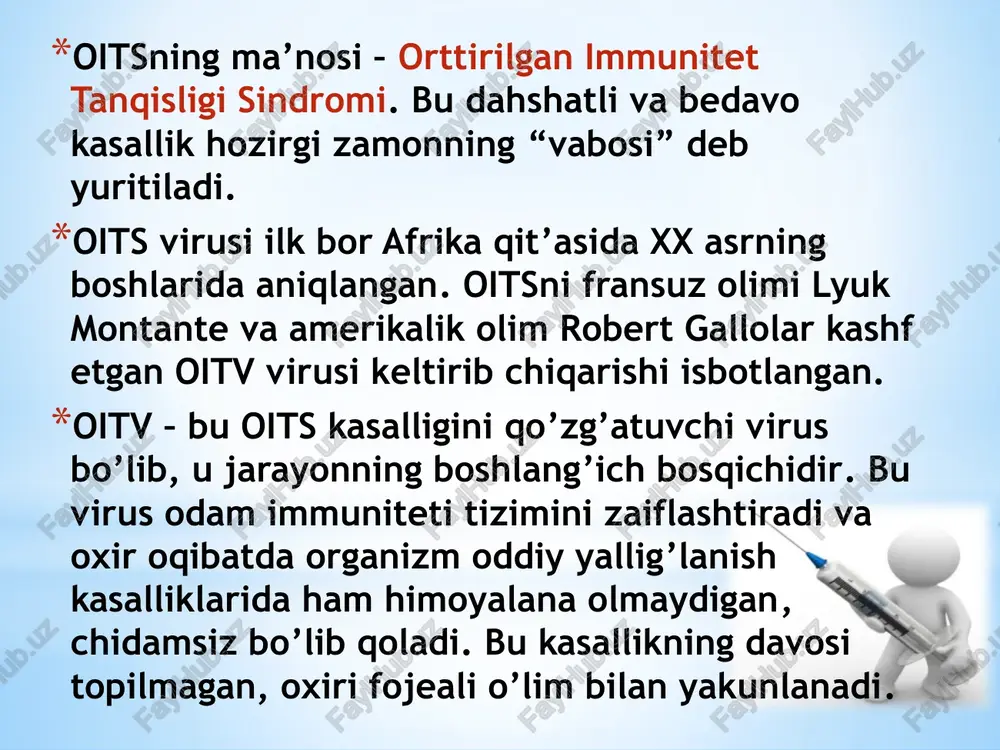 iz shaxslar, tug’ma gemofiliya bilan kasallanganlarda keng tarqalgan. biroq hozirgi vaqtda bsst ma’lumotiga ko’ra oits virusi epidemiyasi aholining asosiy qatlamida ham kengaymoqda. oits virusi chidamsiz bo’lib, suvda 10 daqiqa qaynatish davomida halok bo’ladi. maxsus dezinfeksiya vositalaridan ham foydalanish mumkin. spirt oitvni o’ldirmaydi. oits virusining yuqish yo’llari: zararlangan qon sog’lom odamga quyilganda; kasallangan onadan bolaga homiladorlik, tug’ruq vaqtida va ko’krak sutidan boqilganda; zararlangan shprislardan foydalanilganda. stomatologiya, sartaroshxona, go’zallik salonlari (manikyur, pedikyur va tatuaj xonalari)da oits virusini yuqtirish xavfi katta. oitv oitv hozirgi davrda judayam yahshi o’rganilgan hisoblanadi. hattoki hozirgi davrda agar oitv yuqqanligiga shubqa qilsak uni o’sishini to’htatib qo’yadigan dori vositalari ham bor. oitvni asosiy uchta yuqish yo’li bor: jinsiy qon orqali onadan bolaga basseyn, banya, vannalar….. suvga tushgan virus ber necha daqiqada o’lib ketadi, lekin zararlangan teri orqali uni yuqtirib olish mumkin. analiz topshirish….. bazida hech qachon shubhali kontaktda bo’lmaganlarda ham oits analizi salbiy chiqishi mumkin, shuning uchun bu analizni …