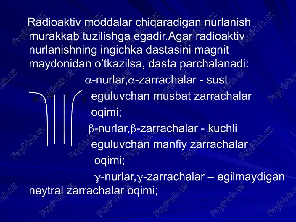 nini ifodalaydi. x a z + x a z hv g parchalanishlarga misollar: (radiyni radonga ) 88ra226 → 86rn222+ 2he4 (uranni toriyga) 92u235 →90tr231+2he4 (kaliyni kalsiyga) 19k40 →20ca40+b-+v h3 →he3 +b- +v a a b b parchalanish maxsuloti o’z navbatida radioaktiv bo’lishi mumkin. bu holat radioaktiv zanjir yani qatorni chiqaradi, ularda bir element boshqasini tug’diradi. bunday zanjirni hosil qiluvchi elementlar to’plami radioaktivlik oilasi deyiladi. patchalanadigan element onalik, hosil bo’lgani qizlik deyiladi. tug’dirishni boshlang’ich elementi boshtug’diruvchi deyiladi. 3ta tabiiy va 1ta sun’iy radioaktiv oilasi ma’lum.(neptuniya oilasi) qizlik yadroning va a-zarrachaning tinchlikdagi massa yig’indisi onalik yadroning tinchlikdagi massasidan kichik bo’lib, ularning tinchlikdagi energiyalariga nisbatan ham shunday deyish mumkin. bu energiyalarning farqi a-zarracha va qizlik yadroning kinetik energiyasiga tengdir. radioaktiv parchalanishning asosiy qonuni radioaktiv parchalanish ehtimollik hodisadir ya’ni barqaror bo’lmagan yadroning qachon parchalanishini oldindan aniq aytib bo’lmaydi. shuning uchun uni faqat statistikbaholash mumkin. dt vaqt intervalida dn yadro parchalanadi deylik. bu son - …