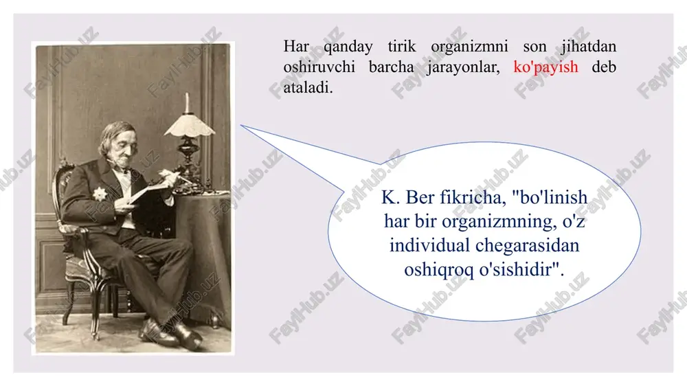 iyaga uchragan joyning qayta qurilishi tufayli tiklanishidir. masalan, gidra yoki planariya gavdasining bir qismi qayta qurilib, butun organizmi tiklanadi. 1. regeneratsion gipertrofiya - shikastlangan yoki patologik jihatdan o'zgargan toq organlaming morfofunksional jihatdan qayta qurilishidir. bunda organning oldingi holati tiklanmaydi, ammo hajmi va massasi ortadi. 2. kompensator gipertrofiya - juft organlardan (buyrak, urug'don) birini olib tashlangandan keyin, ikkinchisining morfofunksional qayta qurilishidir. ichki va tashqi organlar regeneratsiyasi partenogenez lotincha partenos - qiz holida, genezis - tug'ish, tug'ilish degan ma'noni bildiradi. 1762 yilda shveysariyalik tabiatshunos sh. bonne shiralarda (o'simlik bitlarida) kuzatgan. ginogenez - partenogenezning bir turi bo'lib, urug'lanish oxiriga yetmashgi tufayli sodir bo'ladi. bunda urug'lanish agent vazifasini bajaradi, cikak pronukleus urug'lanishda qatnashmaydi, faqat tuxum hujayrani taraqqiy etishi uchun, faollashtiradi. androgenez - bunda tuxum hujayra faqat spermatozoid yadrosi bilan taraqqiy etadi, tuxum yadrosi taraqqiyotda qatnashmaydi. tabiiy androgenez tamakida, makkajo'xorida, ba'zan tut ipakqurtidauchraydi. jinsiy ko'payish 1968 yilda angliyada birinchi marta birmingem shahrida 6 nafar egizak …
