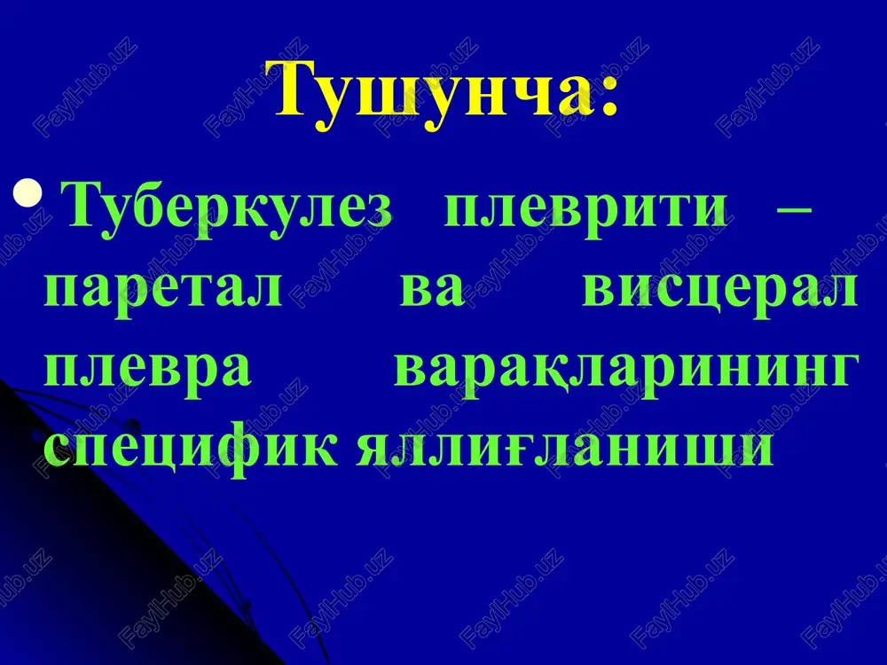 vral suyuqlik va qondagi oqsillarni muvozanati 0,5 davolash: tuberkulezga qarshi antibakterial preparatlar patogenetik simptomatik torakotsentez (davolash uchun) operativ oqibat to'liq so'rilishi plevrani tiklanishi plevrani kaltsinatlanishi plevrogenli tsirroz bronxo-torakal svishlar empiemaga o'tishi sil meningiti sil meningiti bosh va orqa miya (yumshoq, to'rsimon, kamdan kam xollarda qattiq) pardalarining sil bilan spetsifik zararlanishi orqa miya pardalari sili sil meningitining spinal shakli bazilyar meningitning asorati juda og'ir klinik kechishi bilan xarakterlanadi. umumiy ma'lumotlar: o'pka yoki ko'krak ichi limfa tugunlari sili bilan birgalikda 50% shulardan 1/3 qismi tarqoq sil fonida kechadi patogenez gematogen limfogen likvorogen patomorfologiya : qon tomir devorining fibrinoid bo'kishi qon tomir devorining infiltrativ yallig'lanishi qon tomir devorining nekrozi, ba'zan – trombozi patomorfologiya : 2 xil variantda kechishi mumkin: 1-varianti: miya pardalarida yaqqol ekssudativ o'zgarishlarsiz bir-ikkita bo'rtmachalar paydo bo'lishi patomorfologiya : 2-varianti: miya pardalariaro bo'shliqda jelesimon ekssudatning to'planishi pardalarning o'zida suzmasimon nekrozlangan o'choqlar va qon tomir nekrozi patomorfologiya : sil meningitining 2 shakli …
