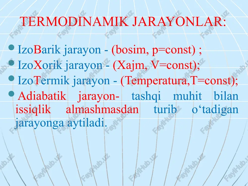 ki energiyasining ishga aylantirib bo’lmaydigan qismidir. erkin energiya-bu sistema ichki energiyasining ishga aylantirish mumkin bo’ladigan qismidir. sistemaning bog’langan energiyasi qancha kichik bo’lsa, uning entropiyasi shuncha kichik bo’lib, sistema ichki energiyasining ko’p qismini ishga aylantirishga imkon beradi. demak, sistema entropiyasining ish bajara olish qobilyati shuncha ko’p bo’ladi. demak, yopiq sistemada entropiyaning umumiy o’zgarishi-musbat. agar sistemada berilgan entropiya biror holatga to’g’ri kelsa, uni boshqa holatga o’tish extimolligi katta bo’ladi. bunda entropiyasi ham katta boladi. yani entropiyaning eng katta extimoliylik o’zgarishi uning o’sishidir. tirik organizm uchun termodinamikaning ikkinchi qonunining ta’rifi: ochiq sistemalar uchun s=const bo’lib demak, ds=o, chunki bunday sistemalarga modda almashinuvu mavjuddir. agar organizimni suv, oziq-ovqat, kislaroddan mahrum qilinsa u izolyatsiyalangan sistemaga aylanadi va bunda eptropiya o’sa boshlandi va bu o’limga olib keladi va bu ds>o deganidir. issiqlik uzatish yoki issiqlik almashinish turlari: issiqlik o’tkazuvchanlik; issiqlik nurlanish; konveksiya mo’tadil iqlim sharoitlarda issiqlik yo’qotish sutkasiga tahminan 1700 kkal bo’lib, quyidagicha taqsimlanadi: 1. issiqlik …