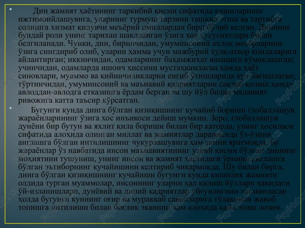hug'ullanuvchi yirik xalqaro korporatsiyalarga aylandi. yadhlar meditatsiya amaliyotini keng qo'llaydilar, tashkiliy jihatdan piramida shaklida boshqariladi. yadhlarning aksariyati noqonuniy faoliyat yurituvchi, kriminal tashkilotlardir. (aum sinrikyo (tokio metrosi 10/5000 zah.), quyosh ehromi (frantsiya va kanada) va b.). diniy ta'limotlarni buzib talqin qiluvchi harakatlarga: protestantlarning “ikkilamchi” birlashmalari – iogov shohidlari, oxirgi kun avliyolari iso masih cherkovi (mormonlar), masih tserkovi (boston harakati); soxta xristian harakatlar – mun birlashtirish cherkovi, vissarion oxirgi ahdi cherkovi, oq birodarlar; sayentalogik kultlar – xristian ilmi, ron xabbard sayentologiya markazi, kloneyd, oq ekologlar harakati; neo- va kvaziorientalistik maktablar va kultlar – “tirik axloq”(agni yoga), krishnani anglash jamiyati, transtsendental meditatsiya, aum-sinrekyo, saxadja-yoga va b.); yangi majusiy tashkilot va kultlar – “runvira” ukrain milliy e'tiqodi cherkovi, rossiya jarangli kedrlari, omsk “qadimgi diniy e'tiqodiga qaytish kulti” va boshqalar kiradi. sekta so'zi, eng umumiy ma'noda, muayyan diniy, siyosiy yoki falsafiy qarashlarga ergashuvchilar guruhini anglatadi. diniy sekta deganda ma'lum bir dindagi rasmiy aqidalarga zid ravishda …