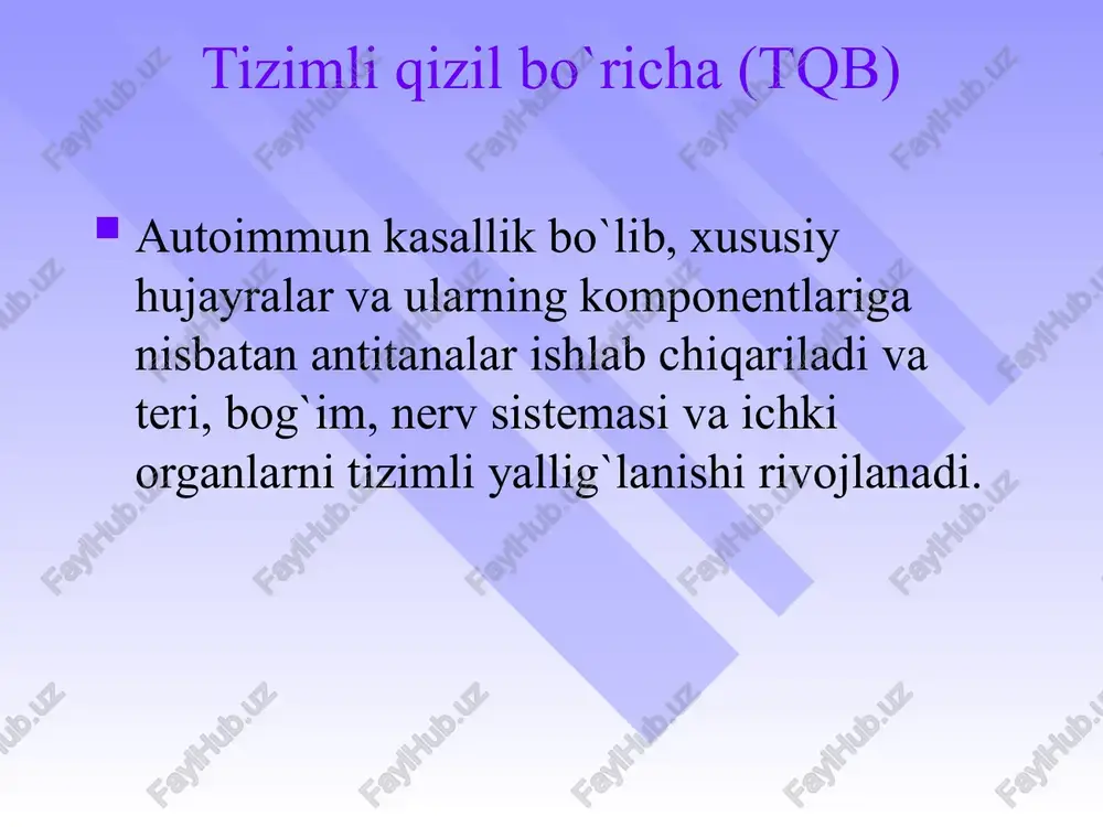 *10^9/l dan kam), limfopeniya (limfositlar 1,5*10^9/l dan kam), trombositopeniya (100*10^9/l dan kam). 10.immun buzilishlar. le-xujayraga test musbat. tabiiy dnk va rnkga qarshi antitanalar titri yuqori. 6 oy davomida sifilisga immobilizasiya reaksiyasi yoki flyuoressensiyalangan antitreponema antitanalarini absorbsiya testlariga yolgon musbat reaksiya. 11. antinuklear antitana. immunoflyuoressensiya yoki boshqa testlarda ana titrining yukoriligi. tqb da patologik jarayon faolligining klinik va laborator xarakteristikasi ko'rsatkich faollik darajasi iii ii i tana temperatura 38°s va undan yuqori 38°s dan past me'yorida ozib ketish ifodalangan o'rtacha bir oz trofika buzilishi ifodalangan o'rtacha o'rtacha/bir oz teri zararlanishi «kapalaksimon eritema, kappilyaritlar nospetsifik eritema diskoid o'choqlar poliartrit o'tkir, o'tkir osti o'tkir osti deformatsiya artralgiyalar perikardit ekssudativ quruq adgeziv miokardit ifodalangan o'rtacha kardioskleroz libman - saks endokarditi ifodalangan o'rtacha mitral qopqoq etishmovchiligi plevrit ekssudativ quruq adgeziv diffuz glomerulo-nefrit nefrotik sindrom aralash tipda peshob sindromi asab tizimi zararlanishi entsefalo-radikulo-nevrit entsefalo nevrit polinevrit gemoglobin g/l 100 dan kam 100-110 120 va baland echt …