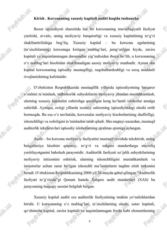 uditining nazariy va amaliy jihatlarini chuqur o‘rganish hamda bu yo‘nalishdagi mavjud muammolarni aniqlab, takliflar ishlab chiqishdan iborat. kurs ishining asosiy vazifalari quyidagilardan iborat: 1. xususiy kapitalning iqtisodiy mazmunini yoritish; 2. xususiy kapital tarkibi va manbalarini tahlil qilish; 3. “o‘zbektelekom” ajda xususiy kapital hisobini yuritish tartibini o‘rganish; 4. xususiy kapital auditi jarayonida qo‘llaniladigan usullarni aniqlash; 5. auditorlik tekshiruvlari natijalarini tahlil qilish va takliflar ishlab chiqish. kurs ishining ob’ekti sifatida “o‘zbektelekom” aksiyadorlik jamiyati faoliyati tanlandi. chunki bu korxona o‘zbekiston telekommunikatsiya bozorining yetakchi ishtirokchisi bo‘lib, davlat ishtirokidagi yirik aksiyadorlik jamiyatlaridan biridir. kurs ishining predmeti – korxonaning xususiy kapitalini shakllantirish, hisobini yuritish hamda auditorlik tekshiruvi jarayonidagi muhim iqtisodiy va moliyaviy munosabatlardir. kurs ishining amaliy ahamiyati shundan iboratki, unda keltirilgan ilmiy-nazariy tahlillar, “o‘zbektelekom” aj tajribasi asosida ishlab chiqilgan takliflar boshqa xo‘jalik yurituvchi subyektlar faoliyatini tahlil qilishda ham qo‘llanilishi mumkin. ayniqsa, xususiy kapital auditi bo‘yicha xalqaro standartlar asosida ishlovchi auditorlar uchun bu kurs ishi foydali metodik …