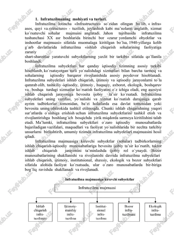 turdagi xizmatlar ko`rsatish faoliyatini o`z ichiga oladi, eng asosiysi ishlab chiqarish jarayoniga bevosita ijobiy ta’sir ko`rsatadi. infratuzilma subyektlari uning vazifasi, yo`nalishi va xizmat ko`rsatish darajasiga qarab ayrim tadbirkorlar tomonidan, ba‘zi holatlarda esa davlat tomonidan yoki bevosita uning ishtirokida tashkil etilmoqda. chunki ishlab chiqarishning yuqori sur’atlarda o`sishiga erishish uchun infratuzilma subyektlarini tashkil etish va rivojlantirishga boshlang`ich bosqichda yirik miqdorda sarmoya kiritilishini talab etadi. ma’lumki, infratuzilma subyektlari o`zaro iqtisodiy munosabatlarda bajariladigan vazifalari, maqsadlari va faoliyat yo`nalishlarida bir nechta tarkibiy unsurlarni birlashtirib, umumiy tizimda infratuzilma subyektlari majmuasini hosil qiladi. infratuzilma majmuasiga kiruvchi subyektlar (sohalar) tadbirkorlarning ishlab chiqarish-iqtisodiy munosabatlariga bevosita ijobiy ta’sir ko`rsatib, takror ishlab chiqarish jarayonini ta’minlashda ijobiy rol o`ynaydi. bozor munosabatlarining shakllanishi va rivojlanishi davrida infratuzilma subyektlari ishlab chiqarish, ijtimoiy, institutsional, shaxsiy, ekologik va bozor subyektlari sifatida alohida faoliyat ko`rsatsada, ular o`zaro munosabatlarda bir-biriga bog`liq ravishda shakllanadi va rivojlanadi. ishlab chiqarish infratuzilmasi ishlab chiqariladigan barcha turdagi tovarlarni tayyorlash, saqlash, qayta ishlash, qadoqlash, …