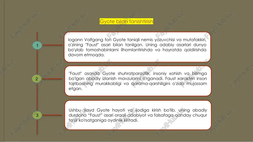 stak mavzularini o'zida mujassam etgan bo'lib, ehtirosning o'zgartiruvchi kuchini va uning odamlarni ko'tarish va yo'q qilish qobiliyatini namoyish etadi. faustning margaretga intilishi oxir-oqibat uning istaklarining qorong'u tomonlarini ochib beradi. gyote "faust" orqali sevgi va istakning ikkitomonlamaligini o'rganadi, ularning ziddiyatli tabiati va nazoratsiz ehtiroslar oqibatlarini yoritadi. faustning amalga oshirishga intilishining fojiali natijasi inson tuyg'ularining murakkabligi haqida ogohlantiruvchi ertak bo'lib xizmat qiladi. "faust" filmidagi najot va la'nat gyotening "faust" asari qahramonning iblis bilan kelishuvi orqali qutqarilish va la'nat mavzularini o'rganadi. faustning bilimga bo‘lgan to‘ymas ishtiyoqi uni axloqiy ikkilanishlar va ichki ziddiyatlar yo‘liga olib boradi. faust xarakteri o'z ichidagi yaxshilik va yomonlik o'rtasidagi kurashni ifodalaydi, chunki u o'z harakatlarining oqibatlari bilan kurashadi va noto'g'ri tanlovlari uchun najot izlaydi. oxir oqibat, "faust" insonning ahvoli va ma'no va maqsad uchun abadiy izlanish haqida chuqur meditatsiya bo'lib xizmat qiladi, o'quvchilarni o'z hayotlaridagi qutqarilish va la'natning murakkabliklari haqida fikr yuritishga undaydi. "faust" ning madaniy ta'siri gyotening "faust" …