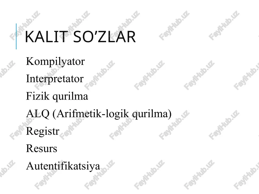 tirish qabul qilish topshiriqlar–operatorlar, matn ko’rsatmalari(direktivalar) yoki manipulyatorlar(yoki sichqincha) yordamida bajaralidagan ko’rsatmalar topshiriq va buyruqlar – dasturni ishga tushirish to’xtatish(to’xtatib turish) fayllar ustida amallar ishlov berish foydalanuvchidan olingan topshiriqlar va buyruqlarni 18 bog’langan kompyuterlar orasida muloqotni ta’minlash bir dasturni boshqa dasturdan himoyalash ot-resurslarni samarali boshqarish va taqsimlash ma’lumotlar saqlanishini ta’minlash ot ni bajarilayotgan ilovalardan himoyalash himoya foydalanuvchi autentifikatsiyasi va avtorizatsiyasi 19 boshqa funksiyalar joriy vaqtda ishlatilishi kerak bo’lgan dasturlarni operativ xotiraga yuklash xotirani boshqarish, zamonaviy tizimlarda virtual xotirani tashkil qilish barcha dastur va ma’lumotlarni identifikatsiya (tanib olish ) qilish barcha kiritish – chiqarish amallariga xizmat qilish va h.k. 20 nazorat savollari abstrakt mashinani o’ziga xos xususiyatlarini ko’rsating?. resurslarni boshqarishda operatsion tizim yechadigan masalalar?. operatsion tizim funksiyalarini ko’rsating?. foydalanilgan adabiyotlar 1. andrew s. tanenbaum, albert s. woodhull. operating systems: design and implementation, chapter 1 2. gordeev a.v. operatsionnie sistemi, glava 1 3. http://en.wikipedia.org/wiki/usage_share_of_operating_systems 4. www.etuit.uz image2.png image3.png image4.png image5.jpeg image6.jpeg image7.png …