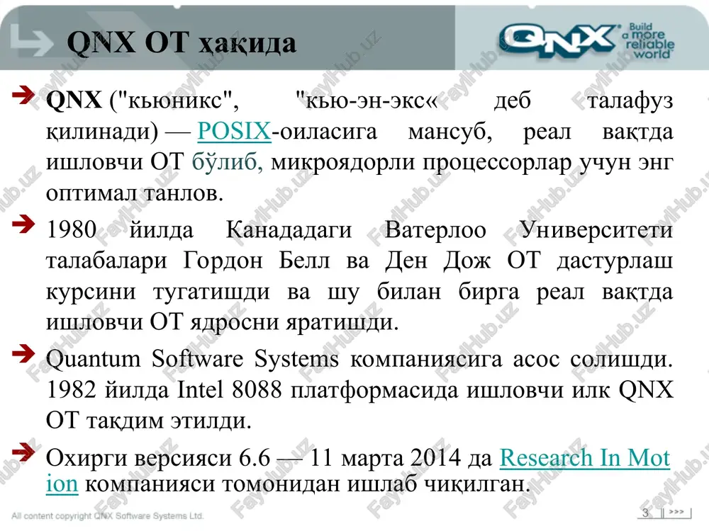 rqali tarmoq tashkil etish imkoni mavjud. qnx xususiyati foydalanuvchilar uchun juda muhim bo'lgan yana bir xususiyat, ibm o'z ot ini hamma versiyalari uchun muntazam “yangilanish” paketlarini (fix pak) ishlab chiqadi. bu paketlar foydalanuvchi uchun bepul beriladi. ilovalarni boshqarishda ham murakkab bo'lmagan xususiy dasturlarni yaratishda foydali bo'lgan, dasturlash tizimi, yuqori darajadagi til – rexx ning mavjudligidir. bu tilning ob'ektga yo'naltirilgan versiyasi va mos interpretatorlari mavjuddir. * * title of presentation title 2 qnx ishonchli va mustaxkamlik * * ibm donated framework java ide 200 person-years of effort open source consortium founding members include qnx ide: asosiy standarti * * tizim profili * * foydalanilgan adabiyotlar [al content copyright nx sofware systems id high performance rtos. fully integrated tools. errr on xs qnx software systems (inva ‘odd) edaredenny qalbim navosi- live 41x yg gnx operating system ex x y [} qnx® software develo: x x getting started.dvi | homeiitj.ac.in/~saurabh.heda/pa ‘the qnx realtime …