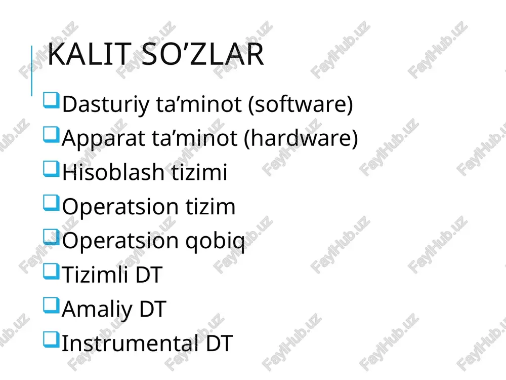 uchun dt eslatma va yozuvlar uchun dt pim dt software suite-optimizatsiya dasturi proektlarni boshqarish dt buxgalteriya dasturlari korxona hisoblari dasturi hujjatlarni yaratish va ularni xar xil formatlash 21 bizness uchun dt: word matn prossesori matnlarni yaratish,o'zgartrish va taxrirlashda foydalaniladi siz kolleksiyasidagi rasmlardan foydalanib matnga grafik ma'lumotlarni xam qo'ya olasiz masalan : corel wordperfect , lotus word pro & microsoft word 22 shaxs o’z malumotlarni boshqarish personal information managers matnlarni taxrirlash, ma’lumotlar bazalaari va ish stoli qurilmalarini kombinatsiyasi pda(personal digital assistant) dasturlar foydalanuvchilarga hujjatlar yaratish, eslatmalar qoldirish, budjetni boshqarish, rasmlarni ko’rish va … 23 matn taxrirlovchi dt jadvallar bilan ishlaydigan dt ma’lumotlar bazasi bilan ishlaydigan dt grafik prezentatsiyalar dt eslatma qoldirish dt pim dt komplekt dt proektlarni boshqaruvchi dt bank bilan bog’liq dt ishlab chiqarish xisob-kitoblari bilan bog’liq dt mustaqil dasturlar komlekti biznes uchun dt 24 komplekt dt induvidual dasturlarni bir paketday taqdim edtadi u dasturlar birga ishlaydi va umumiy buyruqlarga …