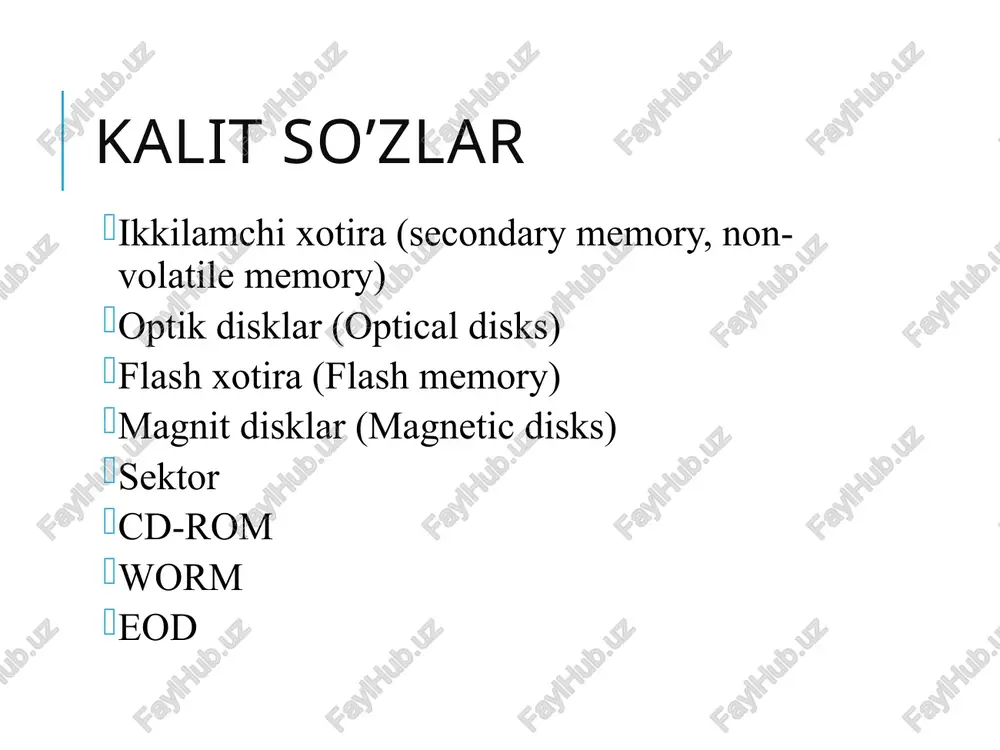 t yoki disport.exe dan foydalaning disport.exe – bios ni yuklovchi kod utilitasi hisoblanadi. disk management oldindan tuzilgan computer management ni o'z ichiga oladi. (skill 2) basic disk: primary partitions basic disk lar an’anaviy diskni boshqarish usullaridan foydalanadi basic disk dagi ma’lumotlar barcha operatsion tizimlar tomonidan foydalanilihsi mumkin basic disk asosan 4 ta primary partition lardan iborat bo’ladi primary partition 1 primary partition 2 primary partition 3 primary partition 4 c:\part1 d:\part2 e:\part3 f:\part4 primary partitions basic disk: primary partitions primary partition - bu diskning fizik jihatdan bo’laklarga ajratilishidir primary partition yaratilgandan keyin odatda bu disk qismlari biron bir fayl tizim asosida (fat32 yoki ntfs) formatlanadi va unga nom beriladi. demak bulardan bittasi system partition bo’lishi lozim. ushbu partition os ishga tushishi uchun kerakli fayllarni o’zida saqlaydi (misol uchun: boot.ini, etc.) boshqa bittasi active partition bo’lib, bu asosan c diskda joylashadi ot ishlashi uchun kerak bo’ladigan partition - boot partition misol …
