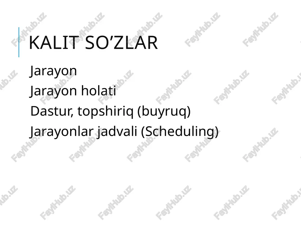 d.exe, total64.exe tayyor navbat va turli xil kiritish/chiqarish qurilmalari jarayon – adreslari maydoni 0x00000000 0xffffffff virtual address space code (text) static data heap (ajratilgan dinamik xotira) kernel code and data pc sp user space stack (dynamically allocated) kernel space 32-bit linux & win xp – 3g/1g user space/kernel space 17 descriptor tushunchasi deskriptor – operatsion tizimda jarayonlarni saqlaydi . 18 jarayonlarni rejalashtirish uzoq muddatli o’rta muddatli qisqa muddatli jarayonlarni rejalashtirish algoritmlari first come first serve (fcfs) scheduling – birinchi kirganga birinchi xizmat shortest-job-first (sjf) scheduling – vaqtni qisqartirish priority scheduling – prioritetga mos rejalashtirish round robin(rr) scheduling – har bir jarayon uchun aniq vaqt belgilanadi va shu vaqtda bajariladi multilevel queue scheduling – har bir jarayonlar to’plamining o’z algoritmi va shunga mos prioriteti mavjud bo’ladi 20 rejalashtirish algoritmlari rejalashtirish algoritmlaridan biri ko’p bosqichli navbat (multilevel queue scheduling) 1950-60-yillardan beri qo’llanilib keladi. bu strategiya jarayonlarni bir necha guruhga klassifikatsiyalash imkoni bo’lganda …