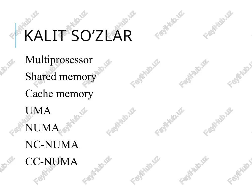 nstruksiyalari orqali amalga oshiriladi; 3. oddiy (umumiy) xotiraga murojaat qilish lokal xotiraga murojaat qilishdan sekinroq bo’ladi. numa ikki xil ko’rinishda bo’ladi: nc-numa (no caching numa) cc-numa (cache-coherent numa) cc-numa multiprotsessori arxitekturasi (directory-based multiprocessor) node – protsessordagi bo’linma interconnection network-tizimlarni o’zaro bog’lovchi tarmoq cpu– protsessor memory – xotira local bus – lokal shina directory – 2^24 bayt (16 mb) ma’lumot sig’imiga ega fizik bo’linuvchi xotiradan foydalanuvchi multiprotsessorlar... fizik bo’linuvchi xotiradan foydalanuvchi multiprotsessorlar (distributed shared memory or dsm): xotiraga turli xildagi murojaatlar (non-uniform memory access or numa), mazkur turdagi tizimlar quyidagilarga ajraladi: cache-only memory architecture or coma (ksr-1 va ddm tizimlari), cache-coherent numa or cc-numa (sgi origin 2000, sun hpc 10000, ibm/sequent numa-q 2000 tizimlari), non-cache coherent numa or ncc-numa (cray t3e tizimi). multikompyuterlar… tizimda mavjud barcha xotiralarga umumiy murojaatni ta’minlamaydi (no-remote memory access or norma), tizimning har bir protsessori faqat o’zining lokal xotirasidan foydalanadi multikompyuterlar mazkur yondashuvdan ko’p protsessorli hisoblash tizimlarining …