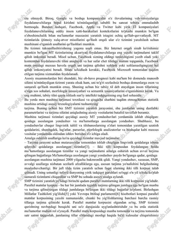 i so‘zlarni morfologik segmentatsiyalash usuli va morfologik ma’lumotlarni tarjima modeliga birlashtirishning samarali usulini ishlab chiqish; – manba tomonida segmentatsiya algoritmlaridan foydalanadigan mashina tarjimasining amaliy muammolarini hal qilish uchun axborot tizimini ishlab chiqish; - amaliy muammolarni hal qilishning ishlab chiqilgan usullarini eksperimental o'rganish. o'zboshimchalik bilan dastlabki ma'lumotlar bilan ishlab chiqilgan usullarning natijaga ta'sirini baholang va tizim ish faoliyatini optimallashtiring. ushbu tadqiqotning ilmiy yangiligi va asosiysi himoya natijalari : – o’zbek tilidagi so‘zlarni morfologik segmentatsiyalash usuli o’zbek tilining tugallanish sistemasining asosi; – qoraqalpoq-turkcha so‘zlar bilan ishonchli bog‘lanish uchun o’zbek so‘zlarining asosiy xususiyatlari aniqlandi; – morfologik segmentatsiya usuli yordamida qoraqalpoq-turkcha-o’zbekcha so‘zlarni moslashtirishning statistik modeli ishlab chiqilgan. ushbu natijalar ushbu dissertatsiyadagi tarjima modeli uchun fundamental ahamiyatga ega, chunki ular bugungi kunda barcha zamonaviy statistik mashina tarjima tizimlarida qo'llaniladigan modelning umumiy, tildan mustaqil xususiyatlariga taalluqlidir. tarjimaning amaliy muammolarini hal qilish uchun amaliy tadqiqot o'tkazdik va ishlab chiqilgan usullarning natijaga ta'sirini o'zboshimchalik bilan dastlabki ma'lumotlar bilan …