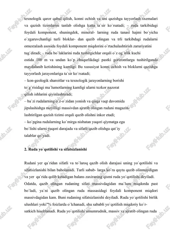 igan va yer qa`rida qolib ketadigan balans zaxiraning qismi ruda yo`qotilishi deyiladi. odatda, qazib olingan rudaning sifati massivdagidan ma`lum miqdorda rast bo`ladi, ya`ni qazib olingan ruda massasidagi foydali komronent miqdori massivdagidan kam. buni rudaning sifatsizlanishi deyiladi. ruda yo`qotilishi birlik ulushlari yoki"% foizlarda o`lchanadi, shu sababli yo`qotilish miqdoriy ko`r- satkich hisoblanadi. ruda yo`qotilishi umumrudnik, massiv va ajratib olingan ruda bo`yicha eksrluatatsion yo`qotilishlarga bo`linadi. karital kon lahimlari atrofida, ularni saqlash va yer yuzidagi turli obyekt- larning shikastlanishidan muhofaza qilish maqsadida ular ostida qoldirilgan seliklardagi ruda zaxiralari umumrudnik ruda yo`qo- tilishini tashkil qiladi. massivdagi eksrluatatsion ruda yo`qotilishi qazish bloklari ichida, kon-tayyorlov lahimlari (shtreklar, ko`tarmalar va h. k.) ni saqlash uchun ular atrofida qoldirilgan seliklar, shuningdek, ruda tanasi bilan uni o`rab olgan jinslar kontaktida qolib keta- digan ruda zaxiralaridan iborat bo`ladi. ajratib olingan ruda massasidagi eksrluatatsion ruda yo`qo- tilishi qazish blokidagi rudani turli sabablarga ko`ra to`la tushirib olinmasligi tufayli sodir bo`ladi. ruda yo`qotilish koeffitsiyenti …