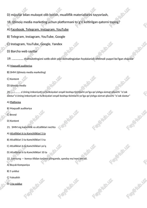 kamchiliklari yo’q d) afzalliklari 6 ta kamchiliklari 10 ta 22. samsung — koreys tilidan tarjima qilinganda, qanday ma’noni beradi. a) buyuk kompaniya b) 5 yulduz c) yuksalish d) 3 ta yulduz 23. foydalanuvchi xabarlariga zudlik bilan avtomatik ravishda javob beradigan ilovalar, bu? a) botlar b) maxfiy chatlar c) kanallar d) jamoat kanali 24. instagram tarmog’i kim tomonidan yaratilgan? a) kevin systrom va mayk krieger tomonidan b) mayk krieger tomonidan c) kevin systrom tomonidan d) to’ri javob berilmagan 25. loyiha mavzusiga mos maqsadni ifodalovchi tasvir bu? a) logotip b) brend c) ijtimoiy media d) to’g’ri javob yo’q