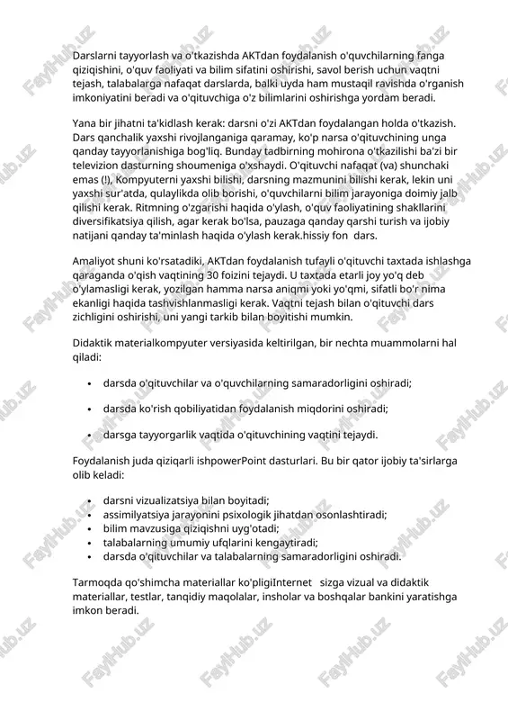 etishning ushbu usuli zamonaviy axborotni qayta ishlash tizimida qulay va oson hisoblanadi. uchinchidan, axborot texnologiyalaridan, xususan, multimediyadan foydalanish. ko'rinishni kuchaytirishga imkon beradi. k. d. ushinskiyning mashhur iborasini eslang: "bolalar tabiati aniq ko'rinishni talab qiladi. bolaga unga tanish bo'lmagan beshta so'zni o'rgating, va u uzoq vaqt davomida behuda azob chekadi; lekin yigirmata bunday so'zlarni rasmlar bilan bog'lang - va bola ularni pashshada o'rganadi. siz bolaga juda oddiy fikrni tushuntirasiz va u sizni tushunmaydi; siz qiyin rasmni o'sha bolaga tushuntirasiz va u sizni tezda tushunadi ... agar siz so'zlarni olish qiyin bo'lgan sinfga kirsangiz (va biz bunday darslarni qidirmaymiz), rasmlarni ko'rsatsangiz, sinf gapira boshlaydi va eng muhimi gapiring. ozod ... ". darslarni tayyorlash va o'tkazishda aktdan foydalanish o'quvchilarning fanga qiziqishini, o'quv faoliyati va bilim sifatini oshirishi, savol berish uchun vaqtni tejash, talabalarga nafaqat darslarda, balki uyda ham mustaqil ravishda o'rganish imkoniyatini beradi va o'qituvchiga o'z bilimlarini oshirishga yordam beradi. yana bir jihatni …