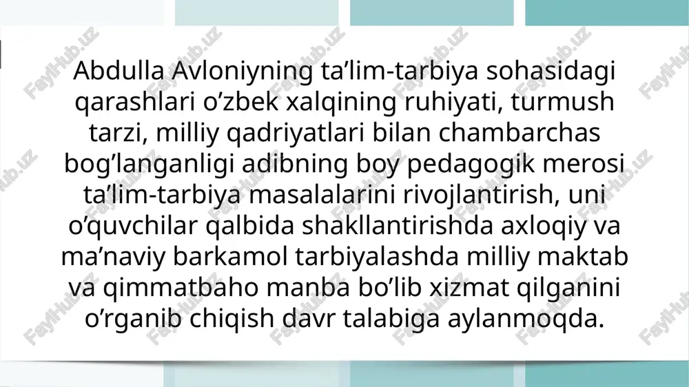 an kabidur”. 11 xulosa qilib aytganda, avloniy ijodiy merosi ma'naviy-ma'rifiy tarbiya g'oyasining targ'ibotchisidir. uning asarlarida ilgari surilgan ta'lim-tarbiyaga oid fikrlar milliy ma'naviyatimiz rivojlanishida qimmatli bir manba bo'lib xizmat qiladi. bu ulug' adib ijodi, amaliy faoliyati bugungi kun yoshlarimiz uchun ibrat maktabi, desak adashmaymiz. 12 1.mirziyoyev sh.m. milliy taraqqiyot yo’limizni qat’iyat bilan davom ettirib, yangi bosqichga ko’taramiz. toshkent -2017, "o’zbekiston”. 2.barkamol avlod -o‘zbekiston taraqqiyotining poydevori. -toshkent: “sharq”, 1997. foydalanilgan adabiyotlar: 3.takomillashgan davlat ta'lim standarti va o‘quv dasturi. “boshlang’ich ta’lim”jurnali.-toshkent,2005,5-son. eʼtiboringiz uchun rahmat! 14 image1.png image2.png image3.png image4.png image5.png image6.jpeg image7.jpeg image8.png a bes epee . soe semis oe aay oe a ee = = orn os a re pees - 2 es ae - one o _ — 16.56 © -- all & @'47« text tarjima qilish @ odamlar uchun natijalar cheklangan alogador gidiruv y) abdulla avioniy 5. youtube y36eknctoh tapuxuga yumac v3 kongnprau... nefen 117 al discover qidiruv saqlangan o …