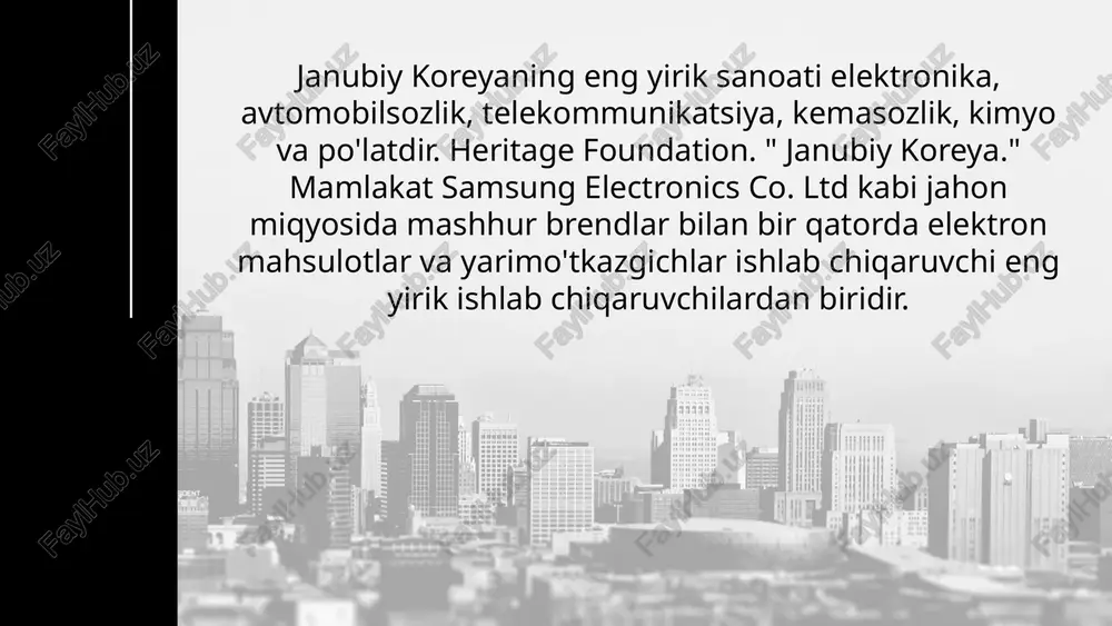 nadi. koreyada kemasozlik kabi sanoat nafaqat kemalarni qurishni o'z ichiga oladi. bunga ularning dizayni, ta'mirlanishi va konvertatsiyasi ham kiradi. shu bilan birga, ular har qanday turdagi kemalar bilan ishlaydi. faol rivojlanayotgan ushbu sanoat ko'plab turdosh tarmoqlar, jumladan kimyo va metallurgiya sanoatining rivojlanishini rag'batlantirmoqda. mamlakatda birinchi kemasozlik zavodi 1973 yilda paydo bo'lgan, shundan beri yana ikkitasi paydo bo'ldi. bugungi kunda koreyada uchta etakchi kompaniya kemasozlik bilan shug'ullanadi: hyundai heavy industries; daewoo kemasozlik va dengiz muhandisligi; samsung heavy industries. 80-yillarning oxiridan koreyada kemasozlik jadal o'sishni boshladi, bu esa so'nggi o'n yil ichida ushbu kichik mamlakatning jahon kemasozlik bozoridagi qimmatbaho kemalar ishlab chiqarishdagi ulushi 59,3% ni tashkil etdi. 2005 yilda mamlakatda qurilishga 339 ta buyurtma olingani, bu jahon kema ishlab chiqarishining 38 foizini tashkil etishi ushbu bozorda jahon monopoliyasi maqomiga yaqinlashayotganidan dalolat beradi. janubiy koreya tadqiqotlar instituti (korea cxo institute) mamlakatning eng yirik sanoat gigantlarini aniqladi. «samsung» o‘ziga xos kuchli to‘rtlikning mutlaq yetakchisi …
