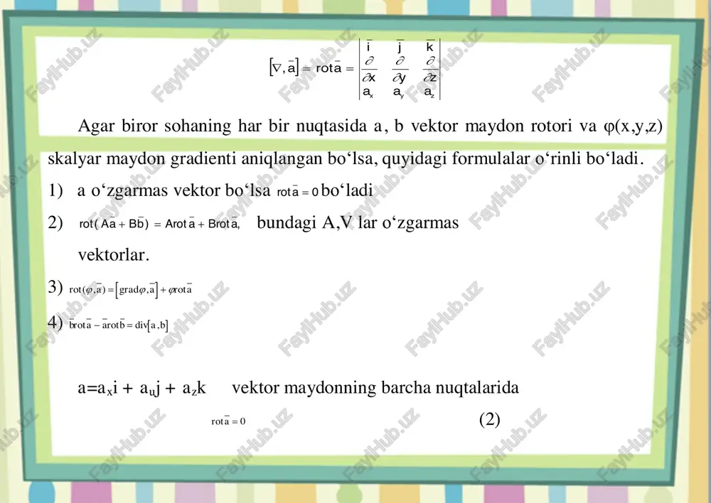 da bo‘ladi. 0 z uu1u 2 2 2 2                  (8) 0 u sin 1u sin sin 1 r u r r 2 2 2 2                        (9) slindrik koordinatalar sistemasida (8) ning yechimi bessel funksiyalarini (9) tenglamani sferik koordinatalar sistemasidagi yechimi sferik funksiyalarni hosil qilamiz. ma’lumki, dekart koordinatalar sistemasida gradu u x i u y j u z k         ko‘rinishda bo‘ladi. slindrik koordinatalarda gradu u r i r u j u z k         1 sferik koordinatalarda esa k u sin 1 j u1 i u gradu        ko‘rinishda bo‘ladi. …