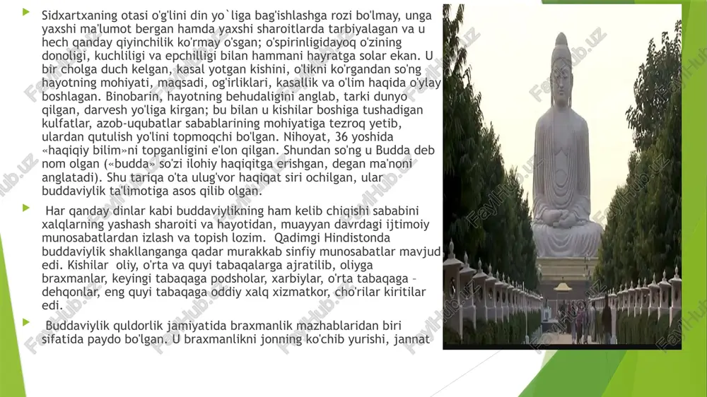 onning ko'chib yurishi, jannat va do'zax haqidagi aqidalarni saqlab qolgan. braxmanlikning jamiyatning kastalarga bo'linishi to'g'risidagi ta'limotiga qarshi chiqib, barcha kishilar e'tiqodda teng huquqli deb e'tirof etilgan. buddaviylikning diniy tenglik haqidagi g'oyasi odamlarning kastalarga bo'linib ketishiga qarshi kurashda ijobiy rol o'ynagan. ayni paytda buddaviylik kishilar «azob-uqubat» chekishda va undan xalos bo'lishda ham tengdirlar deb hisoblangan. buddaviylik ta’limotining asosini 4 haqiqat tashkil etadi: 1 haqiqat – azob uqubat mavjud 2 haqiqat – azob uqubat sababi - istak mavjud 3 haqiqat - azob uqubat tugashi - nirvana mavjud 4 haqiqat – azob uqubat tugashiga olib keluvchi 8 bosqichli yo'l mavjud buddizm taʼlimoti, asosan, uch qismdan iborat: 1) axloq; 2) meditatsiya; 3) donolik. 1. axloq normalari — "pancha shila" (buddaning besh nasihati): qotillikdan saqlanish; oʻgʻrilikdan saqlanish; gumrohlikdan saqlanish; yolgʻon, qalbaki narsalardan saqlanish; mast qiluvchi narsalardan saqlanish. 2. meditatsiya. toʻgʻri tushunish (toʻgʻri eʼtiqod qilish) — buddaning birinchi daʼvatida soʻz yuritilgan toʻrt haqiqatni bilish va unga …