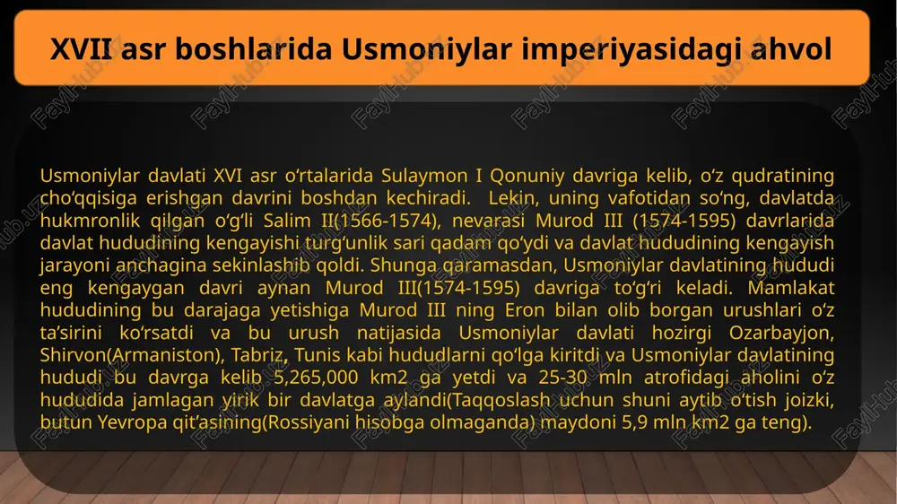 shdi. mamlakatda xazinaga tushadigan soliq miqdori avvalgi miqdorlardan oshmasdan qolib ketdi. xvii asrning 40-yillariga kelib ham xazinaga kelib tushayotgan soliq yig‘imlarining miqdori 360 million aqchani tashkil etayotgan edi(bu miqdor xvi asrning 90-yillarida ham aynan shunday edi). mamlakatdagi siyosiy vaziyat esa, havas qiladigan darajada emas edi. ahmad i davriga kelib(1603-1617), mamlakatda o‘tgan asr davomida xavfli nuqtada bo‘lib kelgan, mamlakatdagi iqtisodiy, ijtimoiy, harbiy va siyosiy sabablar natijasida kelib chiqqan jaloliy isyonlari(1519-1610) bartaraf etilgan bo‘lsa-da, bu mamlakatning siyosiy tinchligini ta’minlab bera olmadi. salkam 100 yil davomida davom etgan bu isyon natijasida ko‘pchilik dehqonlarning yerlari mahalliy boshqaruvchilar qo‘liga o‘tdi. soliqlar tufayli o‘z yerlaridan mahrum bo‘lgan dehqonlar mahalliy sudxo‘rlarga iqtisodiy jihatdan qaram bo‘lib qoldi, ishlab chiqarish kamayib, ocharchilik qishloq xoʻjaligi mahsulotlari narxining oshishiga olib keldi. o'n minglab odamlar halok bo’lib, ko'plab aholi punktlari vayron bo'ldi. buning ustiga, ahmad i davriga kelib, “qarindosh qatli” nomli qonunning bekor qilinishi vaziyatni yanada izdan chiqarib yubordi. aynan mana shu …