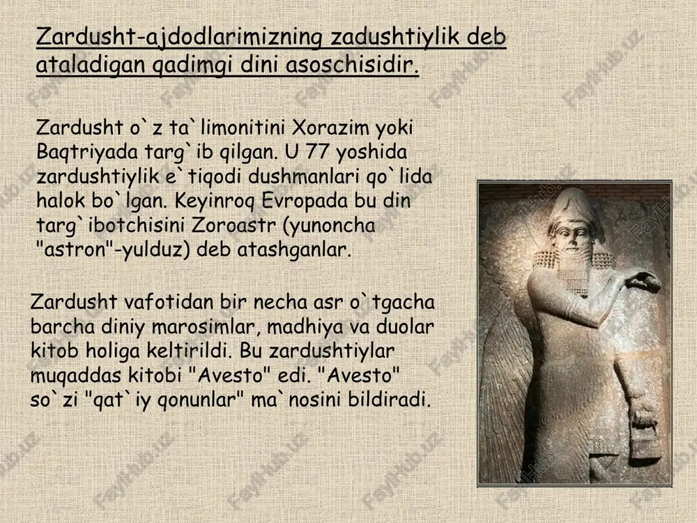 qidagi kontseptsiyasi bo’lgan. bunga ko’ra, olam ikki turga bo’linadi: ilohiy va moddiy olam. bizning taqvim bo’yicha odamning vujudga kelishi navro’z arfasiga to’g’ri keladi. navro’z arafsida tabiat va odamlar harakatga keladi, olam va odamning harakati uyg’unlashadi, hayotda yangi kun – navro’z boshlanadi. shu kuni birinchi bor olov kashf qilingan va otashgohda olov yoqilgan. diniy e'tiqoddagi xilma-xillik hukmdorlarning muayyan dinni tanlashdagi erkinliklarida ham kuzatilgan. makedoniyalik iskandar va uning vorislari mintaqamizda olimpiya xudolariga sig'inishni qo'llagan bo'lsalar, kushon davlati hukmdorlari buddaviylikni qabul qilib, uni mamlakat hududida keng yoyishga harakat qilganlar. sosoniylar davlati hukmdorlari zardushtiylikni har taraflama qo'llab quvvatlaganlar. butun mamlakat hududida ko'plab olov uylari qurilgan. milodiy viii asrning boshlarida markaziy osiyoning bir qismini bosib olgan arab xalifaligi davlati islomlashtirish siyosatini olib borgan. islomdan tashqari barcha diniy e'tiqodlar taqiqlangan. ko‘pchilik tadqiqotchilar fikriga ko‘ra, a. o’rta osiyoda, xususan, xorazmda mil. av. 1-ming yillikning 1-yarmida vujudga kelgan. a.da keltirilgan geofafik ma’lumotlar ham buni tasdiklaydi. mas., xudo yaratgan …