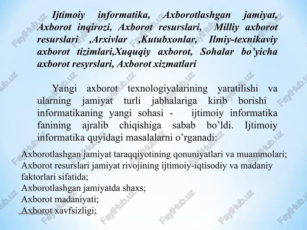 sh jarayonoga turtki bo’ldi. uchinchi information iqilob ( xix asr oxiri) aloqa vositalarining taraqqiyoti bilan bog’liq. telegraf , telefon va radio ma’lumotlarni turli masofalarga operativ uzatish va qabul qilish imkonini berdi.insoniyat taraqqiyotining aynan shu bosqichi “globallashuv” jarayonining debochasi bo’lib qoldi. axborot uzatish vositslarining taraqqiyoti tezkor va ishonchli aloqa vositalariga muxtoj bo’lgan fan va texnikaning gurkirab rivojlanishiga olib keldi. www.arxiv.uz www.arxiv.uz www.arxiv.uz www.arxiv.uz to’rtinchi information inqilob ( xx asrning 70–yillari) mikroprotsessorli texnika va xususan, personalkompyuterlarning paydo bo’lishi bilan bog’liq.shuni ta’kidlab o’tish lozimki, axborot revolyutsiyasiga xx asr o’rtalarida kompyuterlarning paydo bo’lishi emas, mikroprotsessorli tizimlarning keng tarqalishi sabab bo’ldi. ushbu jarayon axborotlarni saqlash va izlash tizimlarini radikal o’zgartirib, kompyuterli telekommunukatsiyalarning paydo bo’lishi va rivojlanishiga olib keldi. aynan to’rtinchi information inqilob “axborotlashgan jamiyat” rivogiga asos soldi. www.arxiv.uz www.arxiv.uz axborot katta oqimlarining vujudga kelishi vujudga kelishiga: bilimlarning turli sohalari bo’yicha davriy nashrlarning ko’payib borishi; masalan, xx asr boshlarida ilmiy xodim uchun fizika sohasida chop etiladigan …