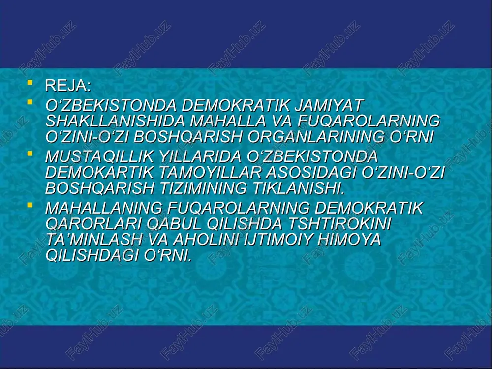 qancha mahalla bo‘lganligini yozgan edi. qadimda mahalla nafaqat ijtimoiy va ma’muriy-hududiy tuzilma tarzida ham e’tirof etilgan. alisher navoiyning «hayratul-abror» («yaxshi kishilarning hayratlanishi») asarida qo‘yidagi band uchraydi: shaharlar otini mahalot etib, bo‘ldi chu yuz shahar hirot etib. mahallaning «shahar ichidagi shaharcha» degan mazmuni yuqoridagi tashbehdan ko‘rinib turibdiki, o‘rta asarlarda hiri deb atalgan hirot shahri yuz «shaharcha»-mahallalardan tashkil topgan ekan demak, qadim zamonlardayoq bugun biz ta’rif berayotganimiz fuqarolik jamiyatining, kishilarning o‘zini-o‘zi boshqarish organlarining ilk kurtaklari namoyon bo‘la boshlagan. sharqda bu jarayon ming yillar tarixga ega bo‘lgan mahallalar ko‘rinishida rivojlangan bo‘lsa, g‘arb mamlakatlarida kishilarning o‘z manfaat va qiziqishlarini jamiyatda kechayotgan jarayonlardan kelib chiqib ifodalash va himoya qilish maqsadida har xil uyushmalar ratiyalar, jamiyatlar, harakatlar va boshqa tuzilmalar sifatida paydo bo‘lishiga asos solindi www. mahaliafond.uz ay “<vatanim ostonas! mahaeleamdan, oilamdan boshlanadi”