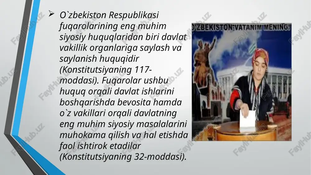 uqarolari vakillik organlariga saylash va saylanish huquqiga egadirlar .har bir saylovchi bir ovozga ega. o`z xohish-irodasini bildirish tengligi va erkinligi qonun bilan kafolatlanadi. “ ” o`zbekiston respublikasida prezident saylovi, hokimiyatning vakillik organlari saylovi umumiy, teng, to`g`ridan-to`g`ri saylov huquqi asosida yashirin ovoz berish yo`li bilan o`tkaziladi. o`zbekiston respublikasining 18 yoshga to`lgan fuqarolari saylash huquqiga egadirlar. yosh chegarasi turli mamlakatlarda turlicha belgilanishi mumkin. masalan, malayziya, marokash, voliviyada fuqarolar 21 yoshga to`lgandan keyingina saylash huquqiga ega bo`lishadi. rossiyada 2002-yil 20 dekabrda qabul qilingan qonunga ko`ra saylov kunigacha 18 yoshga to`lgan rossiya fuqarosi saylash huquqiga ega. frantsiyada ham saylov huquqiga ega bo`lish uchun belgilangan yosh 1974 –yil 5 iyuldagi qonun bilan 18 yosh qilib belgilangan “ ” sud tomonidan muomalaga layoqatsiz deb topilgan fuqarolar, shuningdek ozodlikdan mahrum etish joylarida saqlanayotganlar saylanishi mumkin emas va saylovda qatnashmaydilar. boshqa har qanday hollarda fuqarolarning saylov huquqlarini to`g`ridan-to`g`ri yoki bilvosita cheklashga yo`l qo`yilmaydi. o`zbekiston respublikasi fuqarosi bir vaqtning …