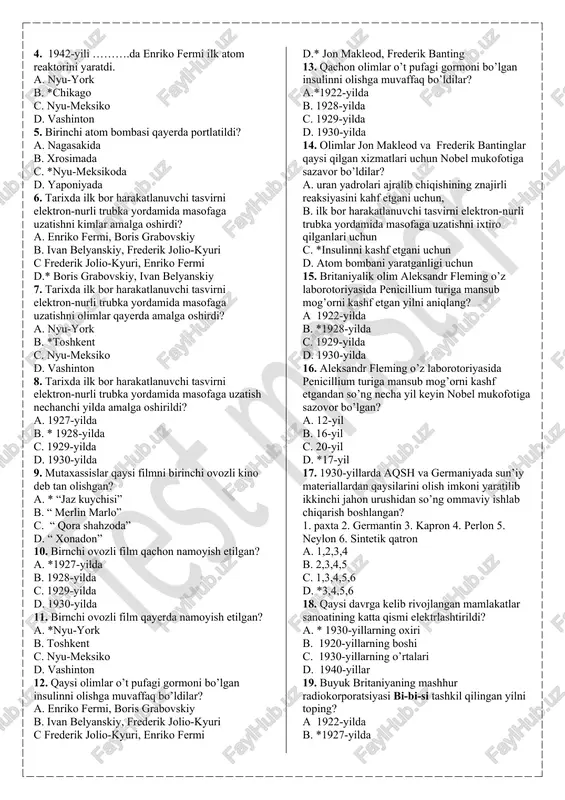 katlar vujudga kelib, umumiy nom bilan……. deb ataldi. a. leyboristlar b. ekstremistlar c. *fashizm d. radikalizm 21. fashistik harakatning ledirlari…. 1) ijtimoiy safsataboslikdan keng foydalandilar; 2) keksa kishilarning soddaligidan foydalandilar 3) kishilarning millatchilik hissiyotiga ta’sir o’tkazishga harakat qildilar: 4) o’z millati uchun ijtimoiy adolatni qurishni vada qildilar; 5) yosh maktab bolalarining mehnatidan foydalandilar: 6) “ yangi jamiyat”ning o’zlariga ma’qul shaklini qurishni vada qildilar a. 1,2,3 b. 2,4,6 c.* 1,3,4,6 d.2,3,4,5 22. ko’p jihatdan kapitalistik mamlakatlarining xalqaro maydondagi pozitsiyasini …….. belgilab berdi. a. diplomatik kelishuvlar b. xalqaro tashkilotlar nizomlari c.* harbiy kuchga tayanish d. o’zaro betaraflik bitimlari 23. versal-vashington tizimiga ………. kelib yevropada hech bir davlat amal qilmay qo’ydi a. 1933-yilning boshiga b. 1932-yilning oxiriga c.* 1930-yilning oxiriga d. 1945-yilning boshiga 24. manchjou-go qo’g’irchoq davlatinio qaysi davlat tuzgan edi? a. aqsh b. fransiya c.* yaponiya d. buyuk britaniya 25. 1933-yili qaysi davlat millatlar ligasidan chiqdi? a. aqsh b. fransiya c.* yaponiya …