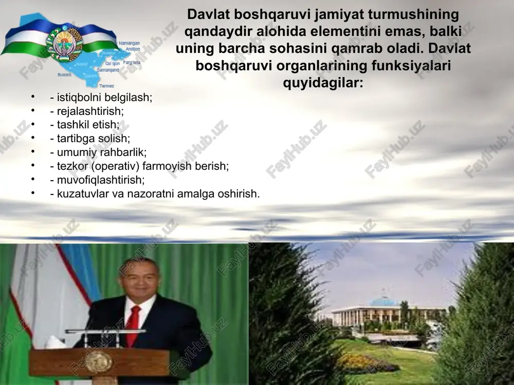 atda, suddan tashqari tartibda hal etiladi. 6. agar tomonlardan biri huquqiy munosabatlar bo`yicha ikkinchi tomonga zarar yetkazgan holda ma`muriy norma talabalarini buzsa, u boshqa tomon oldida emas, balki bevosita davlat oldida javob beradi. ma`muriy huquqda sub`yektlar 3ga bo`linadi; 1) ma`muriy huquq sub`yekti: - davlat boshqaruv organlari; - davlat xizmatchilari; - jamoat birlashmalari; - fuqarolar. 2) ma`muriy-huquqiy munosabatlar sub`yekti. bu konkret munosabatning konkret ishtirokchisi hisoblanadi. 3) boshqaruv sub`yekti. boshqaruv sub`yekti, ma`muriy huquq sub`yekti va ma`muriy-huquqiy munosabatlar sub`yekti tushunchalarini farqlash kerak. ma`muriy huquq sub`yekti umumiy tarzda (fuqaro, davlat boshqaruv organi), huquqiy munosabatlar sub`yekti-aniq tarzda belgilanadi. boshqaruv sub`yekti ostida ma`muriy huquq normalari, boshqariladigan ob`yektlar faoliyatini tashkil etish vazifasini yuklaydigan organlar va mansabdor shaxslar tushuniladi. ma`muriy-huquqiy munosabatlarning paydo bo`lishi, o`zgarishi, to`xtatilishi ko`pincha boshqaruvning huquqiy hujjatlari nashr etilishi bilan bog`liq bo`ladi. biroq ular boshqariladigan ob`yektlar va fuqarolar tashabbusi (ariza, shikoyat, taklif) bilan ham paydo bo`lishi mumkin. ma`muriy-huquqiy munosabatlar faqat odamlarning hatti-harakati natijalari bilan emas, balki …