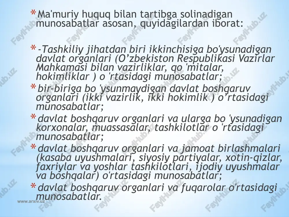 shaxslar tortilishi belgilab qo’yilgan. ma'muriy huquqbuzarlikning subyektiv tomoni subyektning g’ayrihuquqiy harakat yoki harakatsizlikka va uning oqibatlariga ruhiy munosabatidan iborat. u qasd yoki ehtiyotsizlik shaklida ifodalanishi mumkin. www.arxiv.uz ma'muriy javobgarlik to’g’risidagi kodeksning 23-moddasida ma'muriy jazoning quyidagi turlari belgilab qo’yilgan: jarima; ma'muriy huquqbuzarlik sodir etish quroli yoki bevosita predmeti bo’lgan narsani pul evaziga olib qo’yish; ma'muriy huquqbuzarlik sodir etish quroli yoki bevosita predmeti bo’lgan narsani musodara qilish; shaxsni unga berilgan maxsus huquqdan (transport vositasini boshqarish huquqi, ov qilish huquqidan) mahrum etish; ma'muriy qamoq.. www.arxiv.uz jarima — ma'muriy huquqbuzarlik sodir etishda aybdor shaxsga belgilanadigan va davlat foydasiga olinadigan pul undirish (mjk 25-moddasi). fuqarolarga belgilanadigan jarimaning eng ko’p miqdori o’zbekiston respub-likasining qonunlarida belgilangan eng kam ish haqining 5 baravaridan, mansabdor shaxslarga esa — 10 baravaridan ortiq bo’lishi mumkin emas. haqini to’lash sharti bilan olib qo’yish — ma'muriy huquq-buzarlikni sodir etish quroli hisoblangan yoki bevosita shunday narsa bo’lgan ashyoni majburiy tarzda tortib olib, uni keyinchalik …